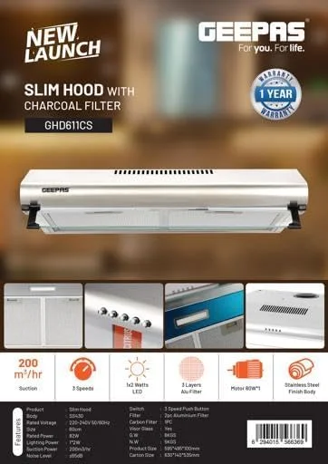 هود باریک جیپاس با فیلتر ذغالی - GHD611CS / طراحی شیک و مدرن، مکش قدرتمند و تنظیم سرعت قابل تنظیم، ایده آل برای آشپزخانه، آپارتمان و غیره / بدنه استیل ضد زنگ، 1 سال گارانتی هود باریک جیپاس با فیلتر ذغالی - GHD611CS / طراحی شیک و مدرن، مکش قدرتمند و تنظیم سرعت قابل تنظیم، ایده آل برای آشپزخانه، آپارتمان و غیره / بدنه استیل ضد زنگ، 1 سال گارانتی
