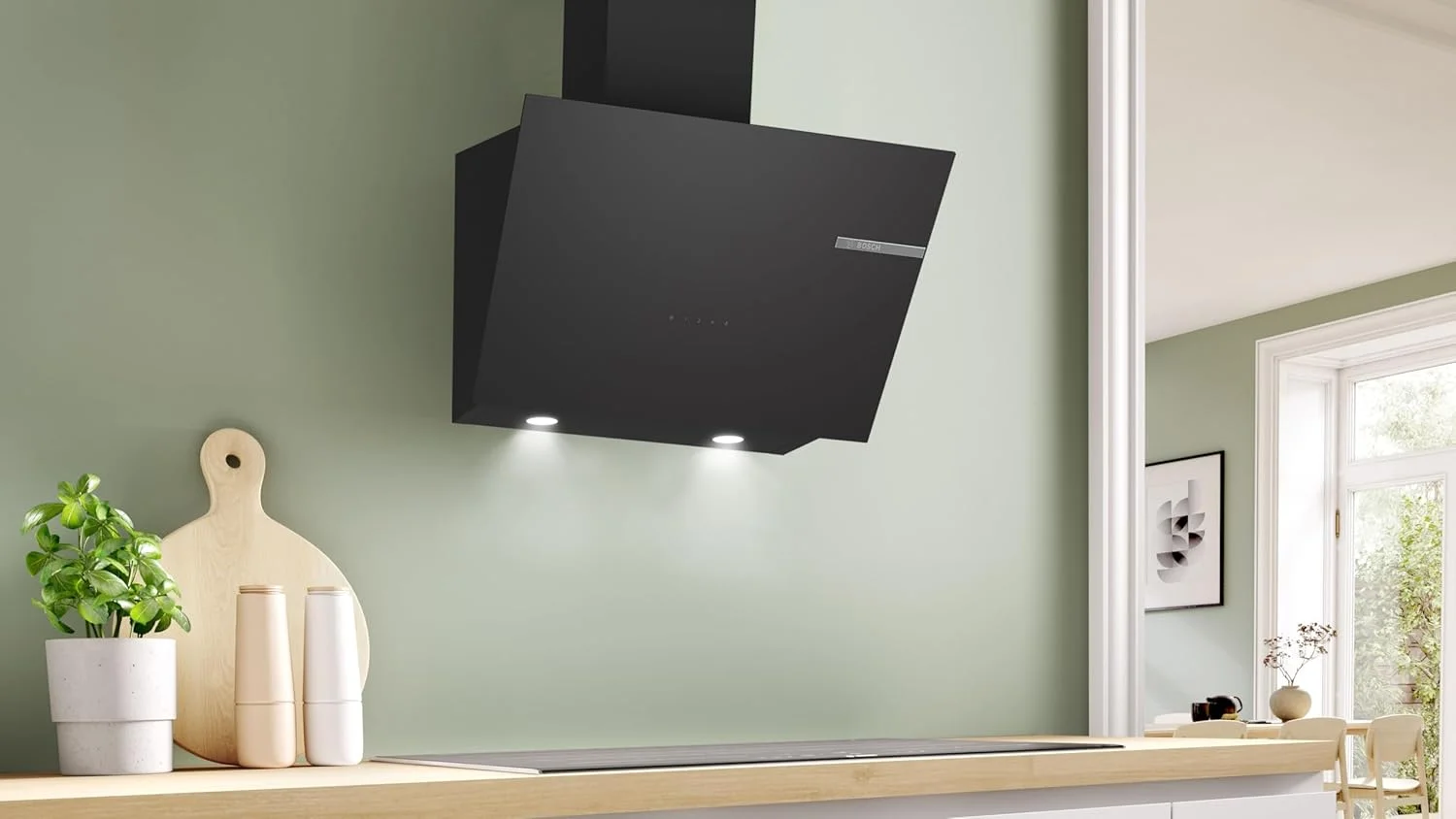 هود آشپزخانه بوش مدل DWK66PJ60M، دیواری، 60 سانتی متر، بدنه شیشه ای مشکی، قدرت مکش 700 متر مکعب در ساعت، 2 حالت مکش قوی