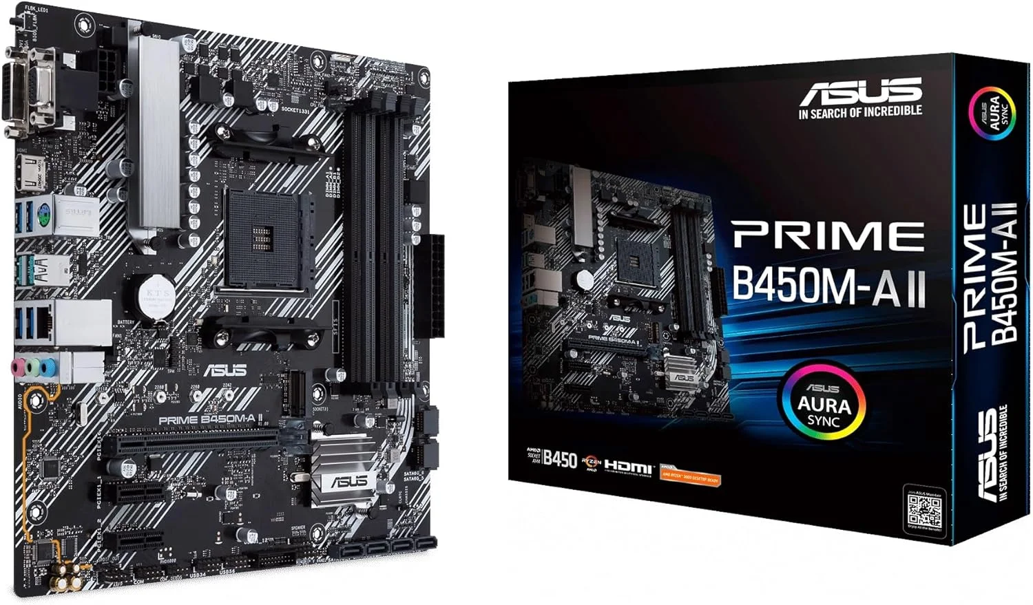 مادربرد ASUS PRIME B450M-A II AMD B450 AM4 micro ATX با پشتیبانی از M.2، HDMI/DVI-D/D-Sub، SATA 6 Gbps، اترنت 1 گیگابیتی، USB 3.2 Gen 2 Type-A و Aura Sync RGB