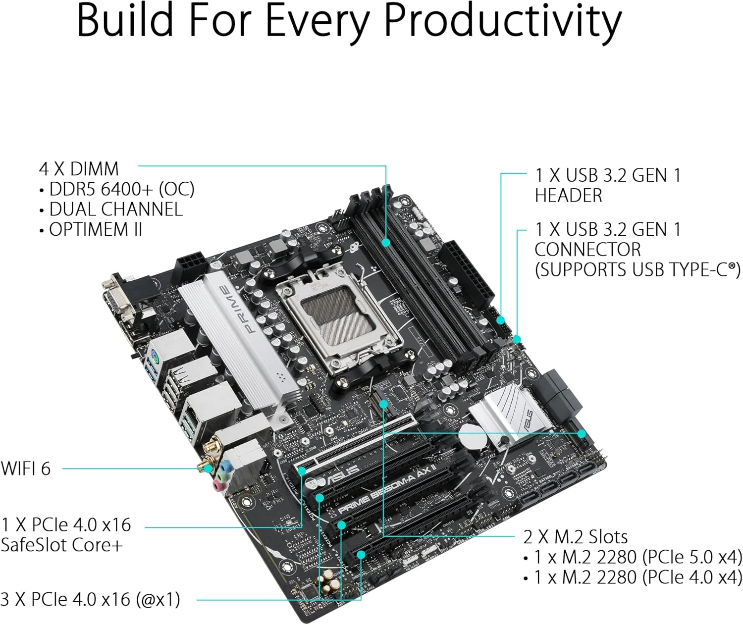 مادربرد ASUS Prime B650M-A AX II AMD B650 (Ryzen 7000) Micro-ATX (DDR5 6400+(OC), پشتیبانی از PCIe 5.0 M.2، شبکه 2.5Gb LAN، Wi-Fi 6، DisplayPort، HDMI، USB 3.2 Gen 2، USB 3.2 Gen 1 Type-C® جلویی، CEC Tier II ready)