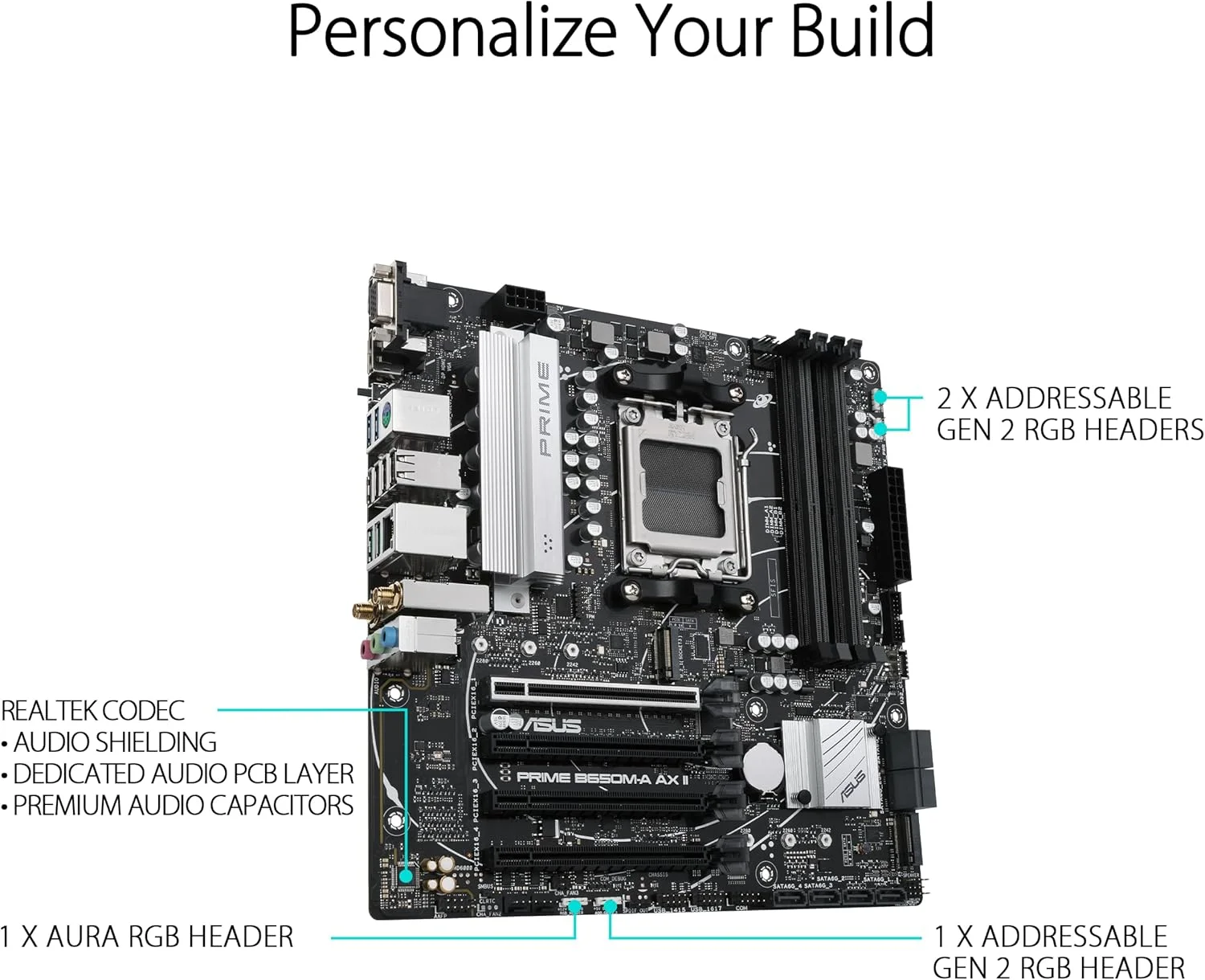 مادربرد ASUS Prime B650M-A AX II AMD B650 (Ryzen 7000) Micro-ATX (DDR5 6400+(OC), پشتیبانی از PCIe 5.0 M.2، شبکه 2.5Gb LAN، Wi-Fi 6، DisplayPort، HDMI، USB 3.2 Gen 2، USB 3.2 Gen 1 Type-C® جلویی، CEC Tier II ready)
