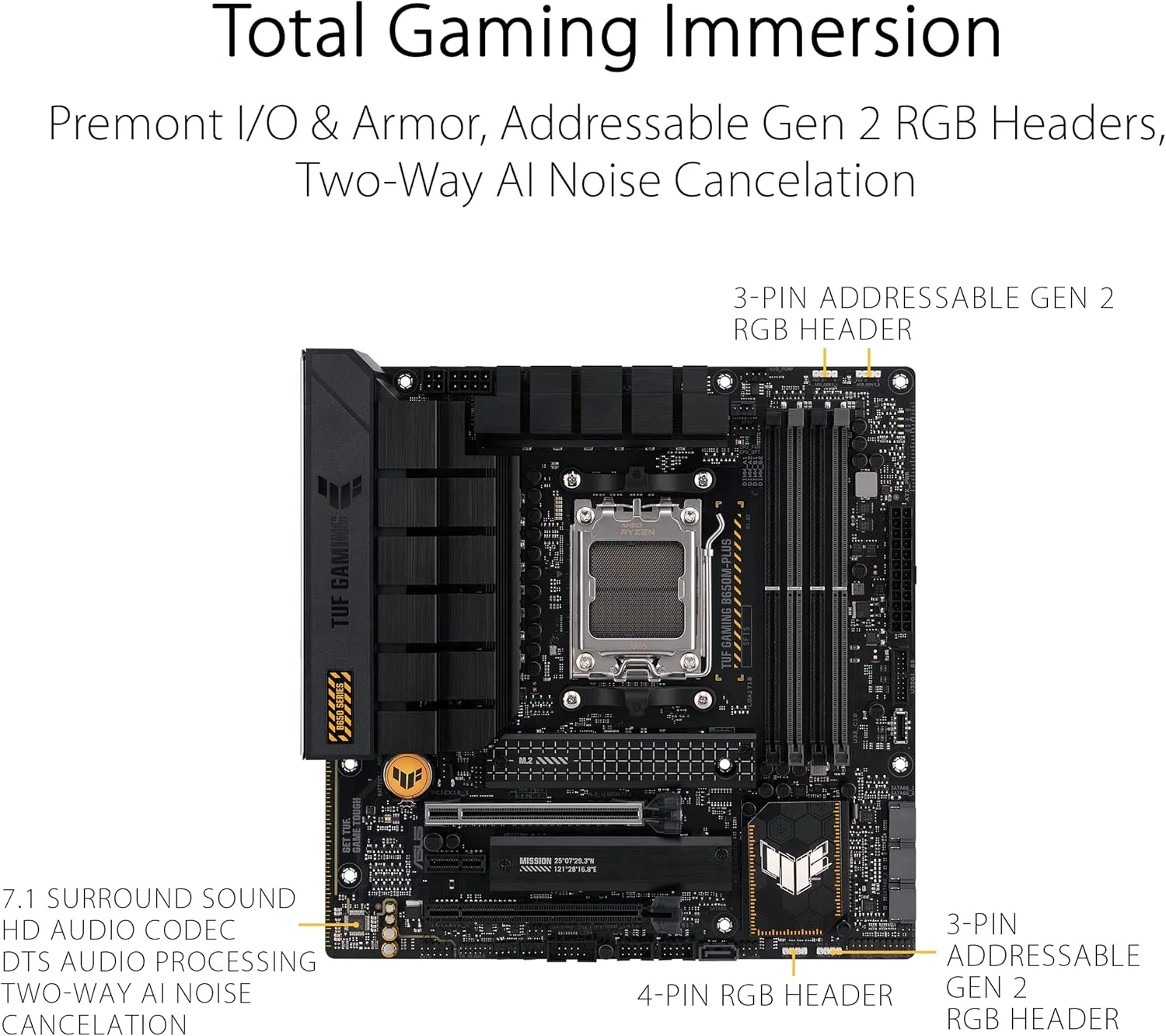 مادربرد ایسوس مدل ASUS TUF GAMING B650M-PLUS WIFI با سوکت AMD Ryzen AM5، فرم فاکتور Micro-ATX، دارای 14 فاز قدرت، پشتیبانی از PCIe 5.0 M.2، حافظه DDR5، اترنت 2.5 گیگابیتی، پشتیبانی از USB4 و Aura Sync