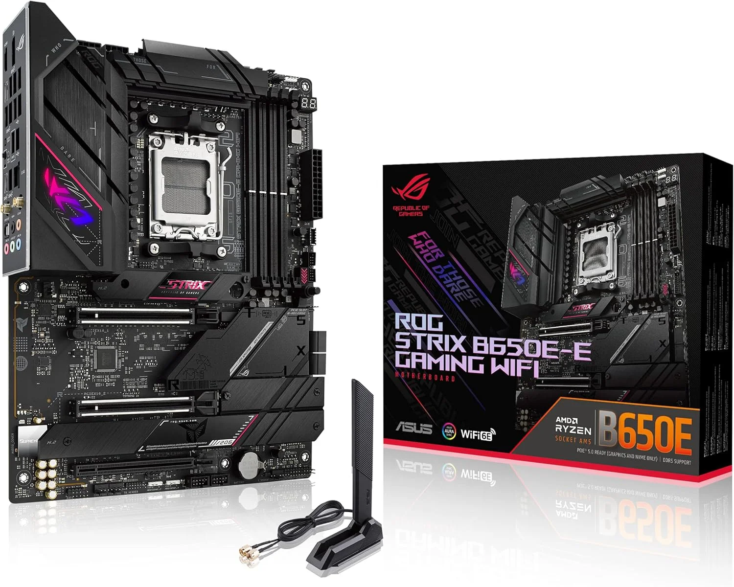مادربرد ایسوس ROG Strix B650E-E Gaming WiFi AMD Ryzen AM5 ATX، دارای 16 + 2 فاز قدرت، DDR5، چهار اسلات M.2، PCIe 5.0، WiFi 6E، LAN 2.5G، Aura Sync RGB - مشکی