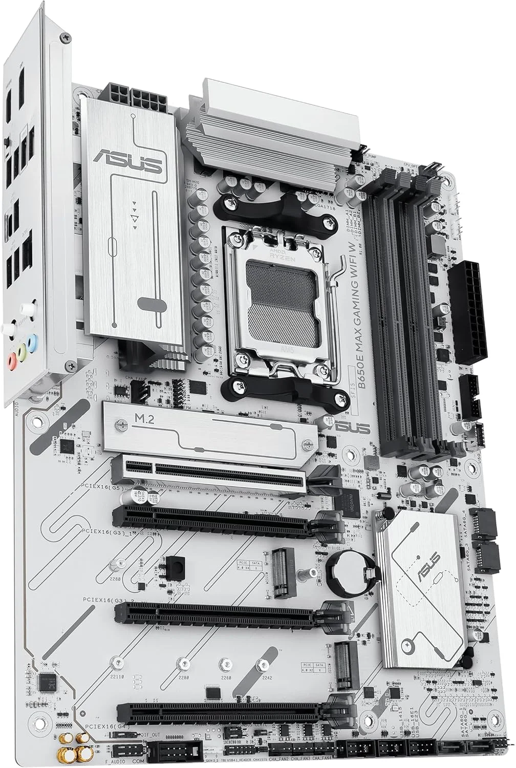 مادربرد ایسوس ASUS B650E MAX Gaming WiFi W – AMD B650 AM5 ATX، PCB سفید، DDR5، PCIe 5.0، 3X M.2، Wi-Fi 6E، LAN 2.5Gb، USB 10Gbps Type-C، DisplayPort، HDMI™، BIOS Flashback™، Aura Sync، Advanced AI PC