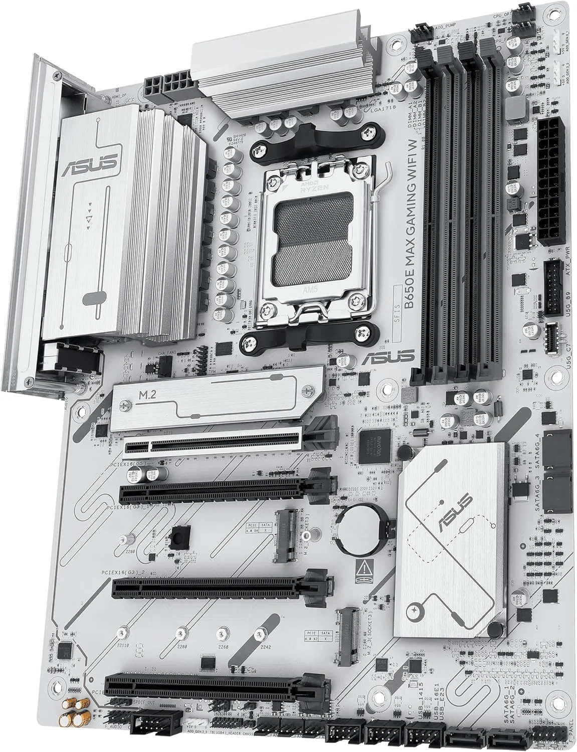 مادربرد ایسوس ASUS B650E MAX Gaming WiFi W – AMD B650 AM5 ATX، PCB سفید، DDR5، PCIe 5.0، 3X M.2، Wi-Fi 6E، LAN 2.5Gb، USB 10Gbps Type-C، DisplayPort، HDMI™، BIOS Flashback™، Aura Sync، Advanced AI PC
