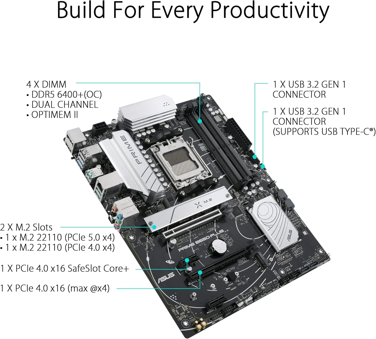 مادربرد ASUS Prime B650-PLUS AMD B650 (Ryzen 7000) ATX، DDR5، PCIe 5.0 M.2، اترنت 2.5 گیگابیتی، DisplayPort، HDMI، USB 3.2 Gen 2 Type-C، USB 3.2 Gen 1 Type-C جلویی، BIOS Flashback، پشتیبانی از USB4 - مشکی