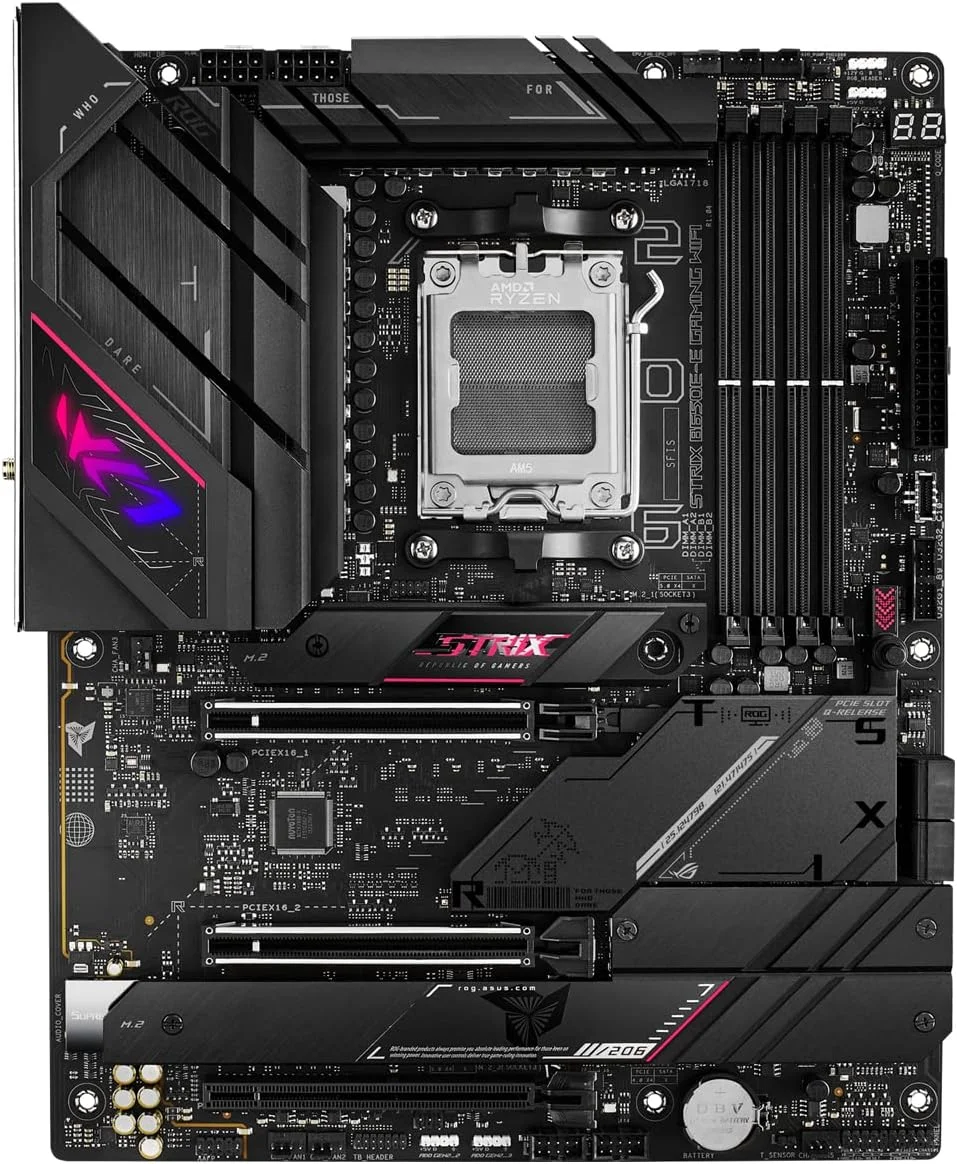 مادربرد ایسوس ROG Strix B650E-E Gaming WiFi AMD Ryzen AM5 ATX، دارای 16 + 2 فاز قدرت، DDR5، چهار اسلات M.2، PCIe 5.0، WiFi 6E، LAN 2.5G، Aura Sync RGB - مشکی