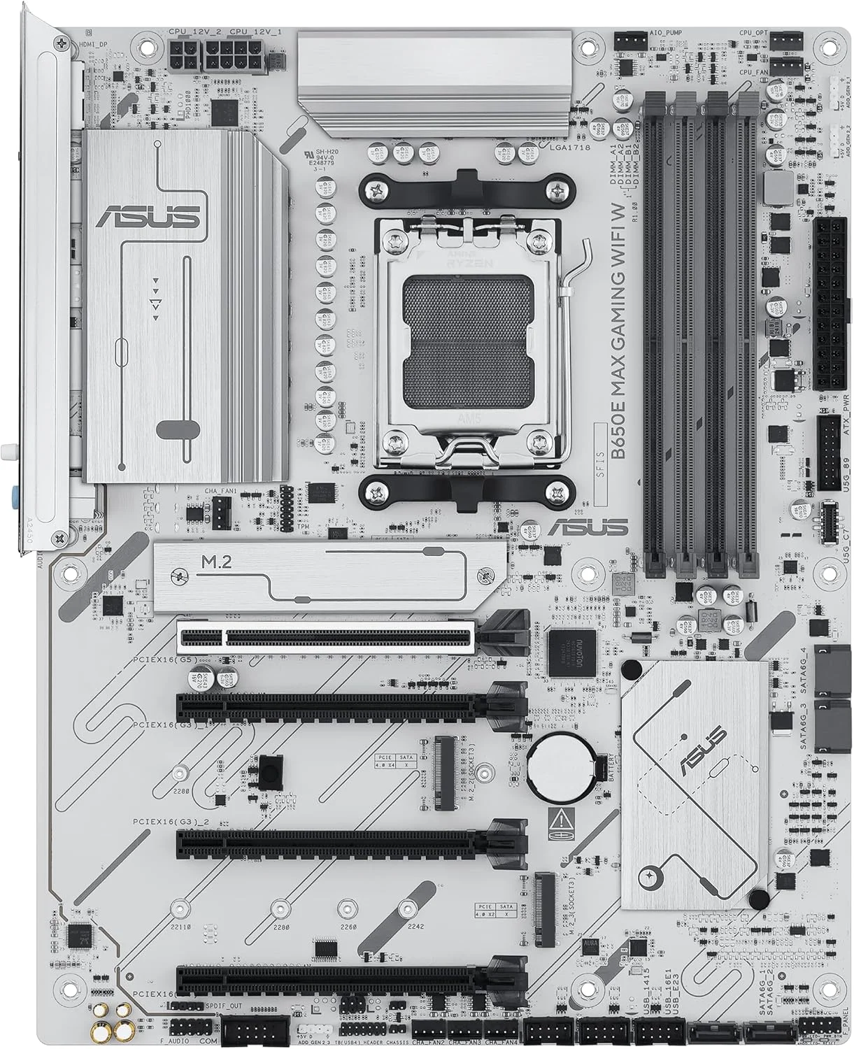 مادربرد ایسوس ASUS B650E MAX Gaming WiFi W – AMD B650 AM5 ATX، PCB سفید، DDR5، PCIe 5.0، 3X M.2، Wi-Fi 6E، LAN 2.5Gb، USB 10Gbps Type-C، DisplayPort، HDMI™، BIOS Flashback™، Aura Sync، Advanced AI PC