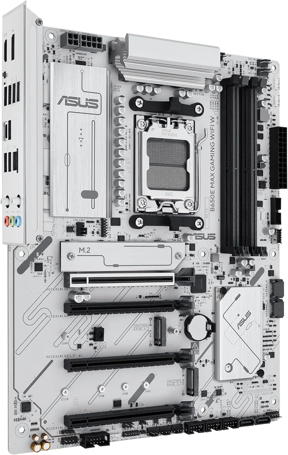مادربرد ایسوس ASUS B650E MAX Gaming WiFi W – AMD B650 AM5 ATX، PCB سفید، DDR5، PCIe 5.0، 3X M.2، Wi-Fi 6E، LAN 2.5Gb، USB 10Gbps Type-C، DisplayPort، HDMI™، BIOS Flashback™، Aura Sync، Advanced AI PC
