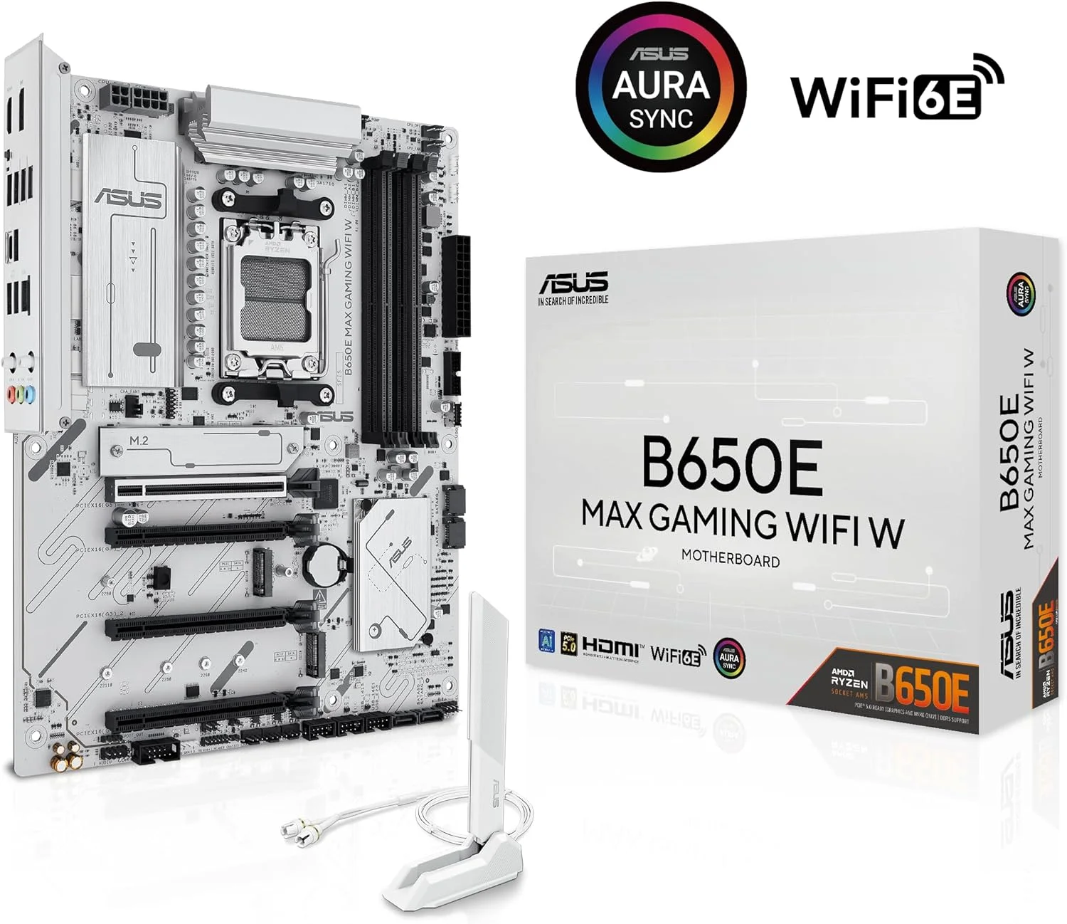 مادربرد ایسوس ASUS B650E MAX Gaming WiFi W – AMD B650 AM5 ATX، PCB سفید، DDR5، PCIe 5.0، 3X M.2، Wi-Fi 6E، LAN 2.5Gb، USB 10Gbps Type-C، DisplayPort، HDMI™، BIOS Flashback™، Aura Sync، Advanced AI PC