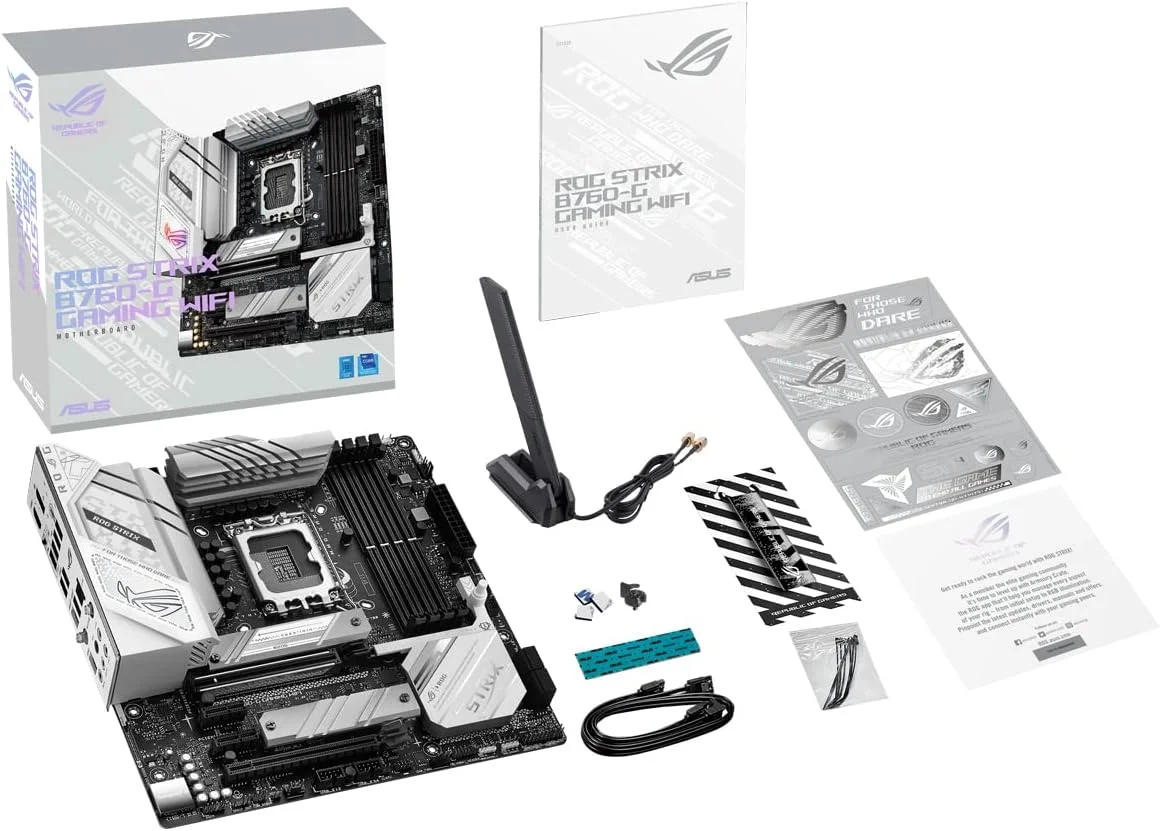 مادربرد ASUS ROG STRIX B760-G GAMING WIFI Intel B760 LGA 1700 سفید mATX با 12 + 1 فاز قدرت، DDR5، PCIe 5.0 x16 SafeSlot، دو اسلات PCIe 4.0 M.2، WiFi 6E، اترنت 2.5G و Aura Sync