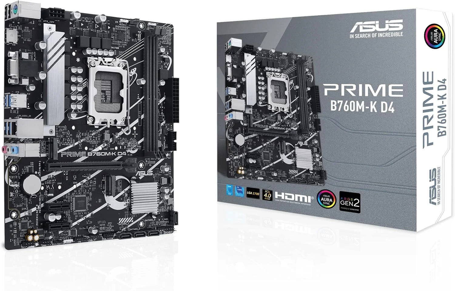مادربرد ASUS Prime B760M-K D4 Intel® B760 (LGA 1700) (نسل سیزدهم و دوازدهم) mATX، PCIe 4.0، دو اسلات PCIe 4.0 M.2، DDR4، Realtek 2.5Gb Ethernet، HDMI®، SATA 6 Gbps، USB 3.2 Gen 1 جلو، Aura Sync