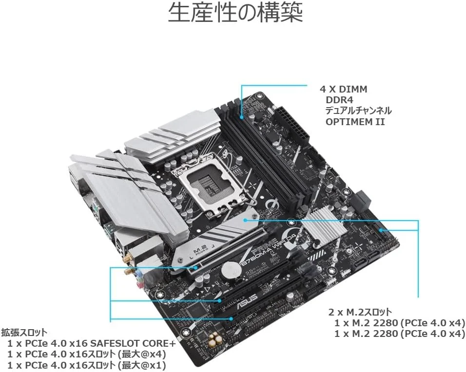 مادربرد ASUS Prime B760M-A WiFi D4 (LGA 1700) mATX، PCIe 4.0، اسلات های M.2، اترنت 2.5 گیگابیتی، Wi-Fi 6، دو HDMI، DDR4، SATA 6 Gbps، USB 3.2 Gen 2 پشتی، USB 3.2 Gen 1 Type-C جلویی، Aura Sync