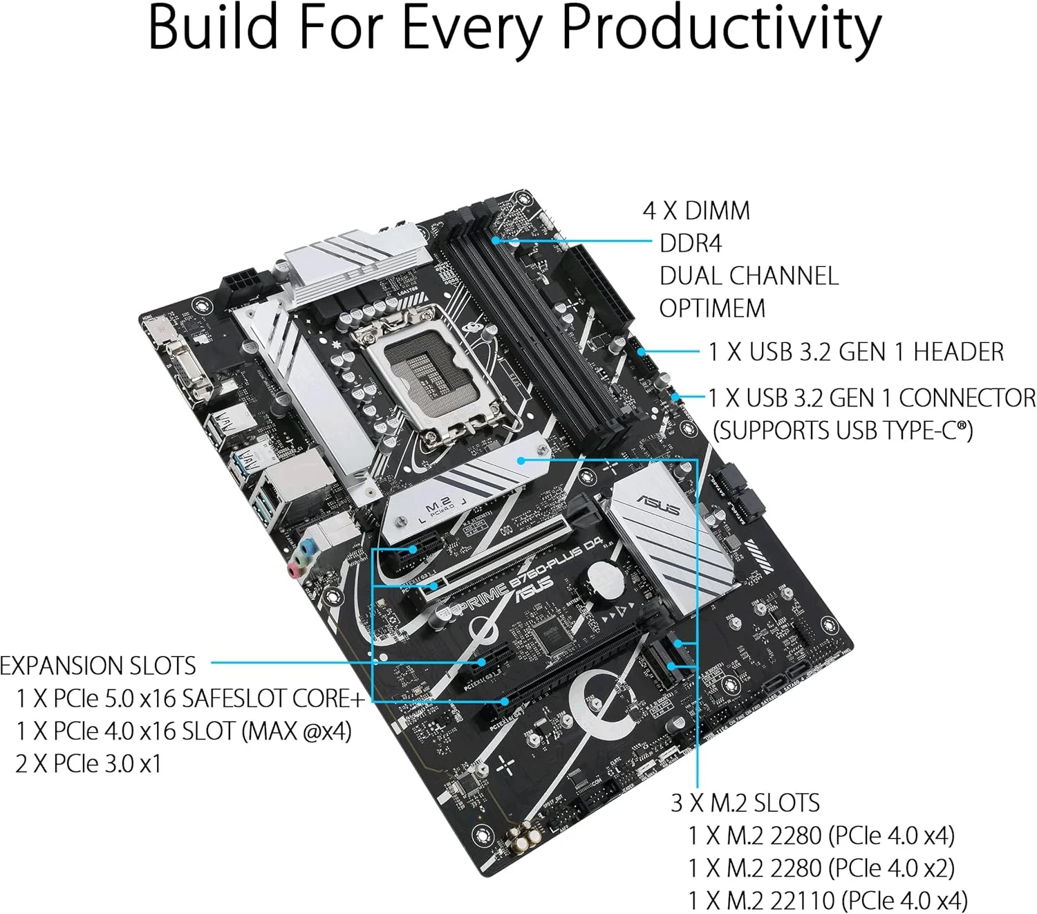مادربرد ASUS Prime B760-PLUS D4 Intel (نسل سیزدهم و دوازدهم) LGA 1700 ATX، PCIe 5.0، 3 اسلات PCIe 4.0 M.2، DDR4، LAN 2.5Gb، DisplayPort، USB 3.2 Gen 2x2 Type-C، USB 3.2 Gen 1 Type-C جلویی، Thunderbolt (USB4®)