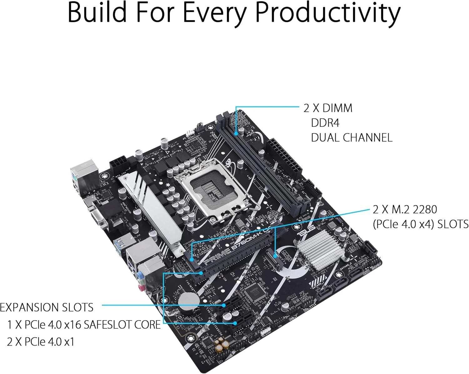 مادربرد ASUS Prime B760M-K D4 Intel® B760 (LGA 1700) (نسل سیزدهم و دوازدهم) mATX، PCIe 4.0، دو اسلات PCIe 4.0 M.2، DDR4، Realtek 2.5Gb Ethernet، HDMI®، SATA 6 Gbps، USB 3.2 Gen 1 جلو، Aura Sync