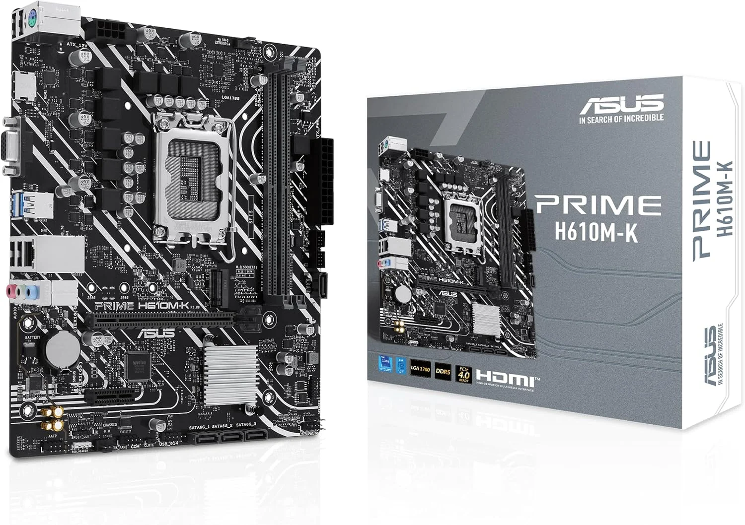 مادربرد ASUS Prime H610M-K Micro-ATX LGA 1700، چیپست Intel H610، 2 اسلات DIMM DDR5، حداکثر حافظه 96 گیگابایت، 1 اسلات M.2، 1 اسلات PCIe 4.0 x16، اترنت Realtek 1Gb