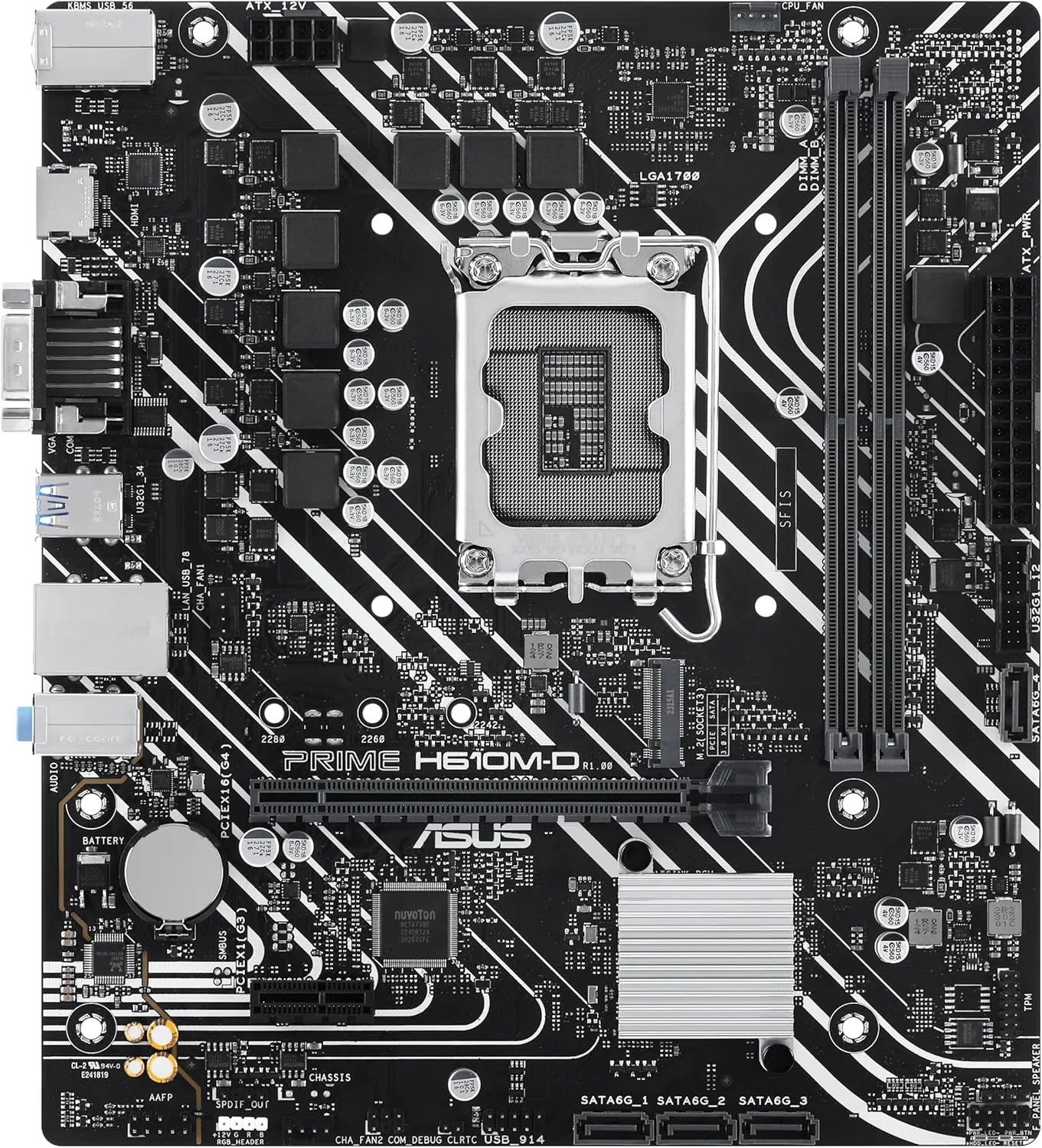 مادربرد ایسوس PRIME H610M-D، چیپست Intel H610 (LGA 1700)، DDR5، PCIe 4.0، اسلات M.2، Realtek 1Gb Ethernet، HDMI، VGA، USB 3.2 Gen 1، SATA 6Gbps، هدر RGB