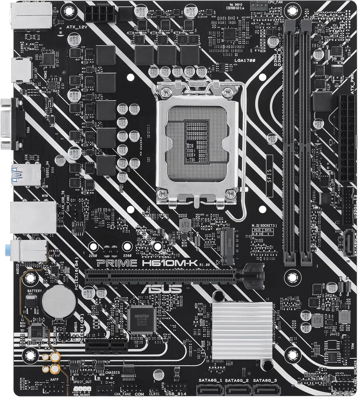 مادربرد ASUS Prime H610M-K Micro-ATX LGA 1700، چیپست Intel H610، 2 اسلات DIMM DDR5، حداکثر حافظه 96 گیگابایت، 1 اسلات M.2، 1 اسلات PCIe 4.0 x16، اترنت Realtek 1Gb