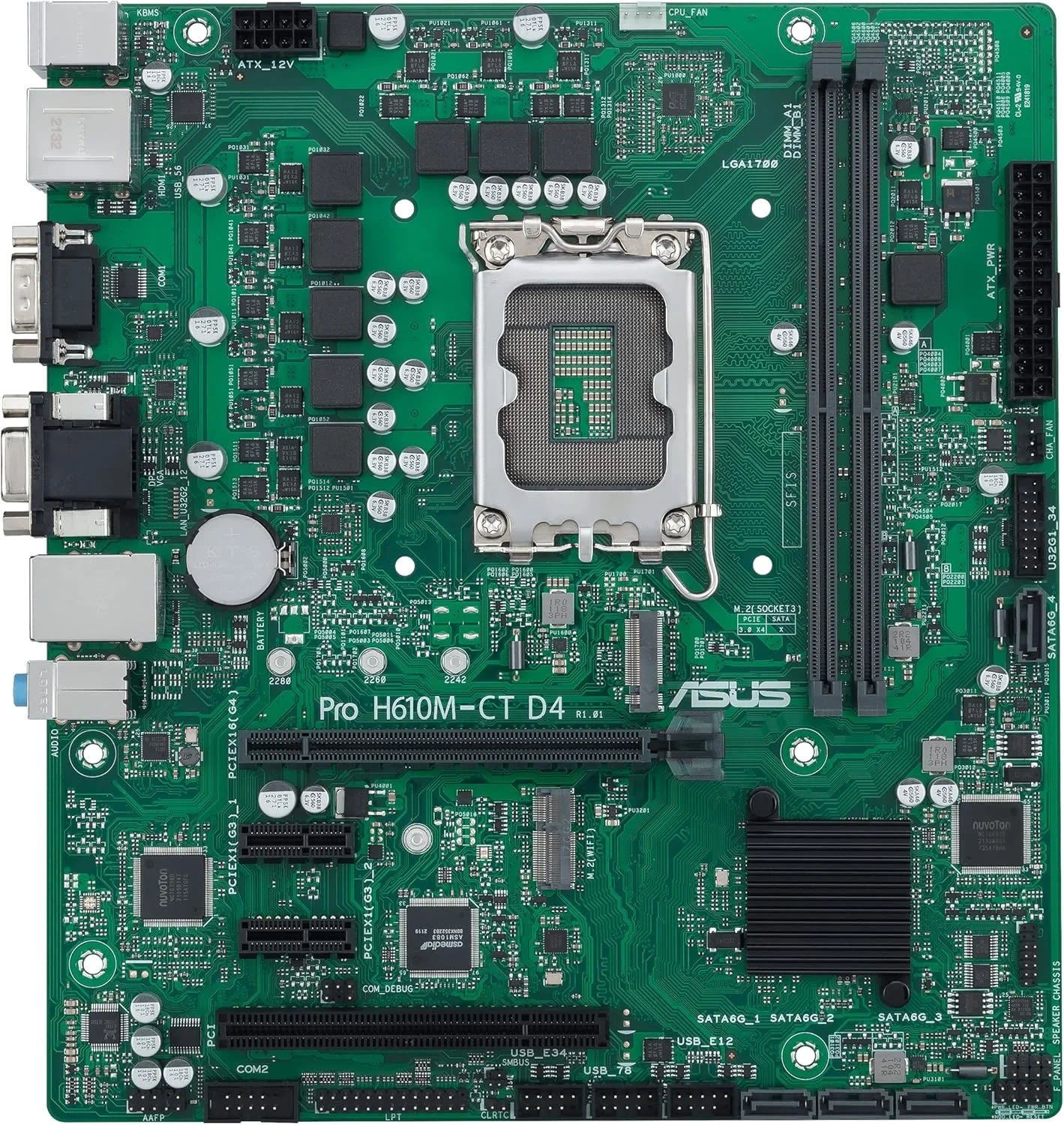 مادربرد تجاری ASUS Pro H610M-CT D4-CSM LGA 1700 (نسل دوازدهم اینتل و Intel vPro) با بهینه‌سازی TCO (PCIe 4.0، DDR4، DP/HDMI/D-Sub، USB 3.2 Gen 2، اسلات M.2 Key E، TPM IC onboard، SMBUS، ACCE، Boot Defender)