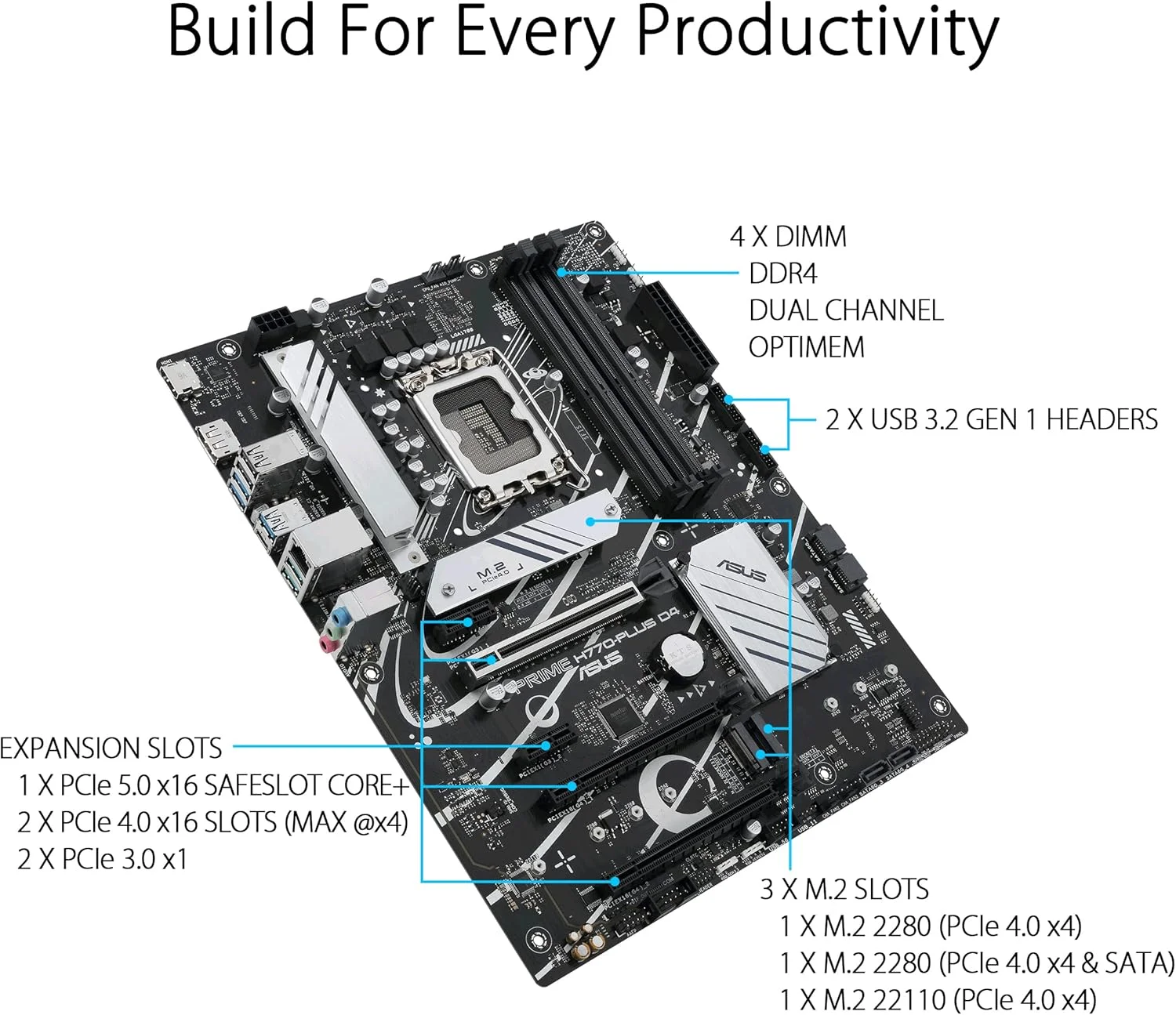 مادربرد ایسوس پرایم H770-PLUS D4 اینتل® H770 (نسل سیزدهم و دوازدهم) LGA 1700 ATX با PCIe 5.0، 3 اسلات PCIe 4.0 M.2، DDR4، LAN 2.5 گیگابیتی، DisplayPort، HDMI، USB 3.2 Gen 2 Type-C، پشتیبانی از Thunderbolt™ (USB4®)