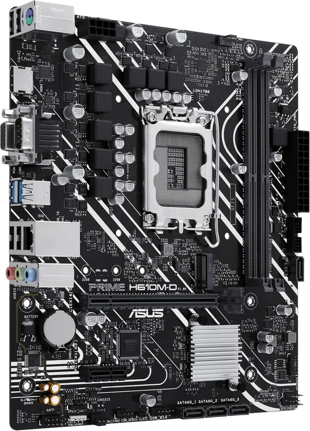 مادربرد ایسوس PRIME H610M-D، چیپست Intel H610 (LGA 1700)، DDR5، PCIe 4.0، اسلات M.2، Realtek 1Gb Ethernet، HDMI، VGA، USB 3.2 Gen 1، SATA 6Gbps، هدر RGB