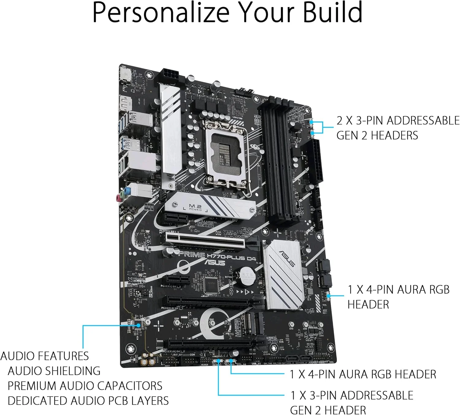 مادربرد ایسوس پرایم H770-PLUS D4 اینتل® H770 (نسل سیزدهم و دوازدهم) LGA 1700 ATX با PCIe 5.0، 3 اسلات PCIe 4.0 M.2، DDR4، LAN 2.5 گیگابیتی، DisplayPort، HDMI، USB 3.2 Gen 2 Type-C، پشتیبانی از Thunderbolt™ (USB4®)