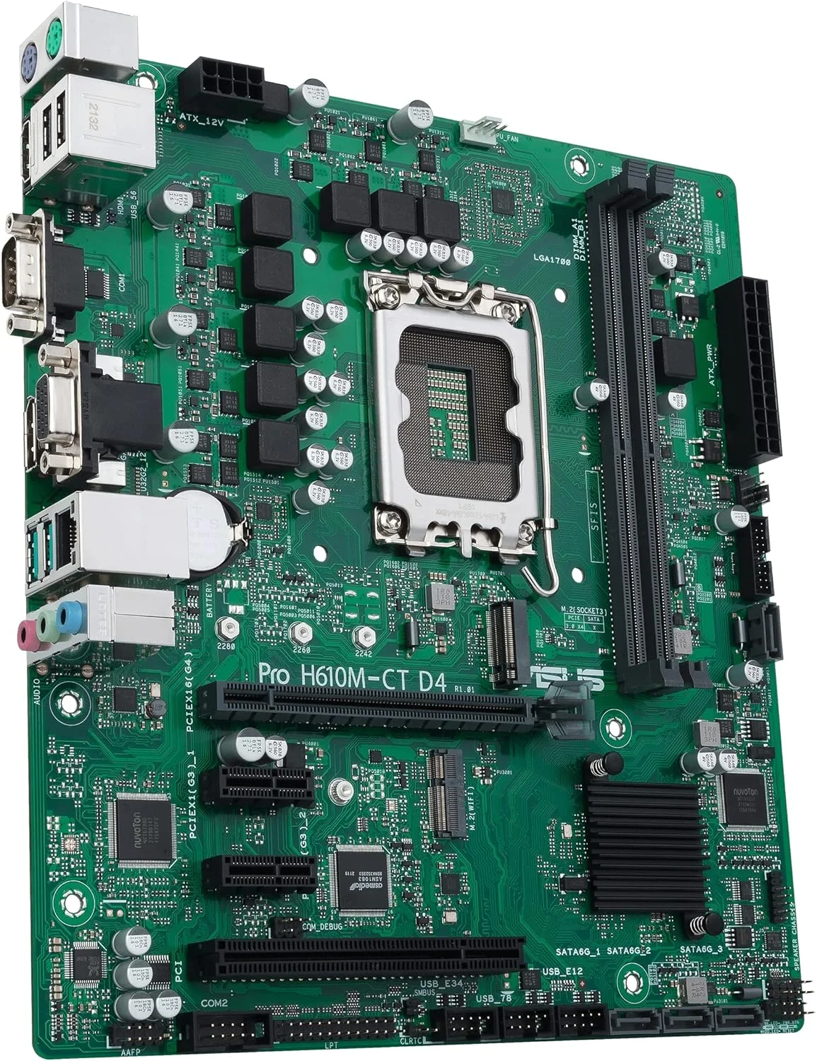 مادربرد تجاری ASUS Pro H610M-CT D4-CSM LGA 1700 (نسل دوازدهم اینتل و Intel vPro) با بهینه‌سازی TCO (PCIe 4.0، DDR4، DP/HDMI/D-Sub، USB 3.2 Gen 2، اسلات M.2 Key E، TPM IC onboard، SMBUS، ACCE، Boot Defender)