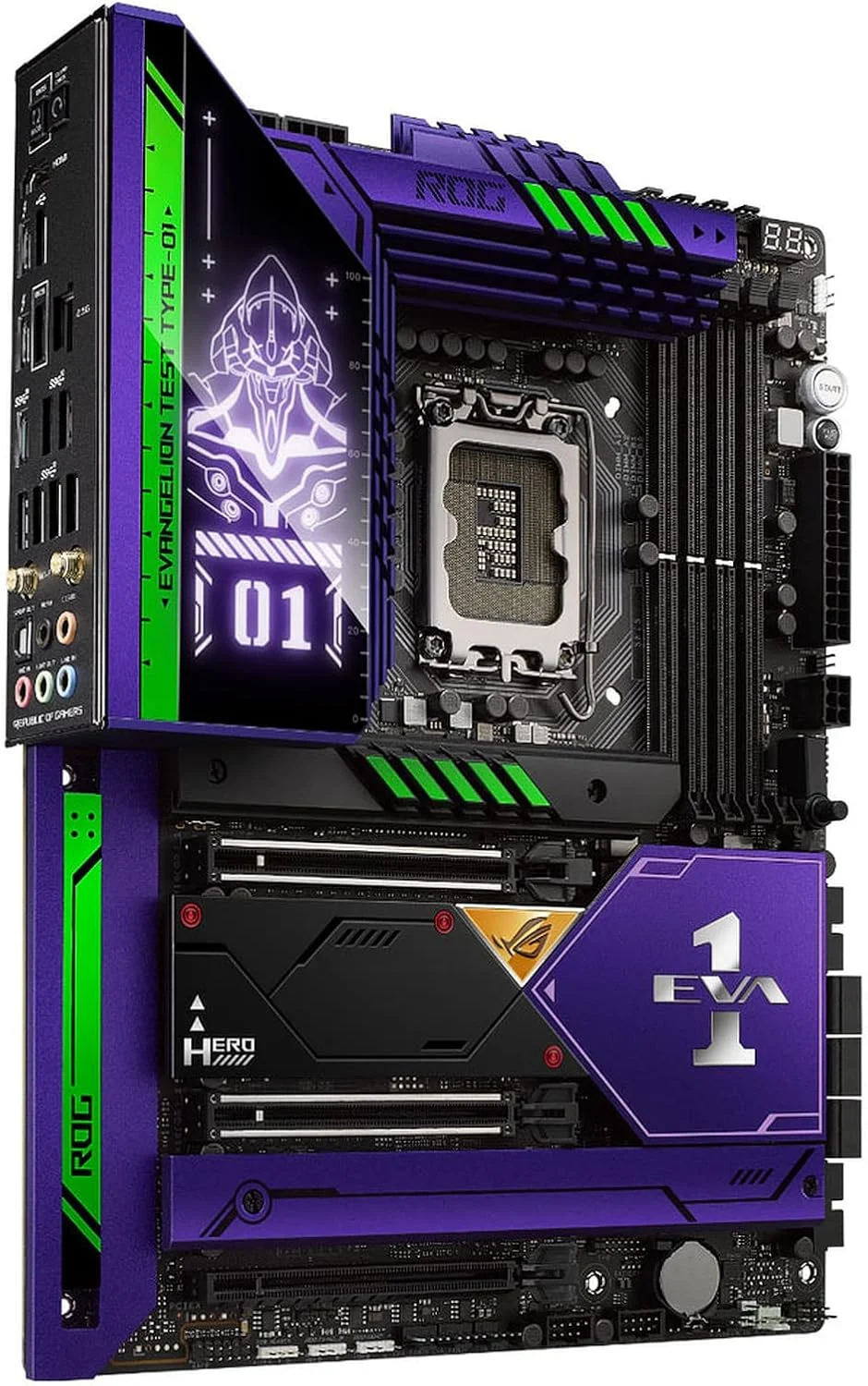 مادربرد گیمینگ ایسوس Rog Maximus Z690 Hero Eva LGA 1700 ATX، نسل 12 و 13 اینتل، PCIe 5.0، DDR5، LAN 2.5 گیگابیتی، SATA 6 گیگابیت بر ثانیه، USB 3.2 Gen 2x2 Type-C، نورپردازی Aura Sync RGB