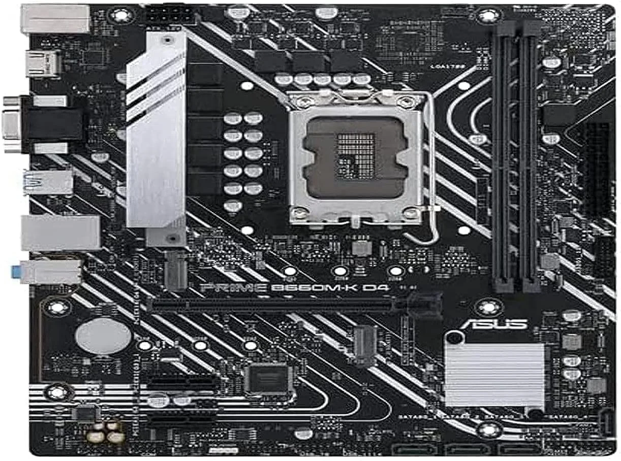 مادربرد ایسوس PRIME B660M-K D4 - Intel B660 (LGA 1700) mATX با PCIe 4.0، دو اسلات M.2، DDR4، HDMI®، D-Sub، Realtek 1Gb Ethernet، USB 3.2 Gen 1 در جلو، ASUS Lighting Control - مشکی