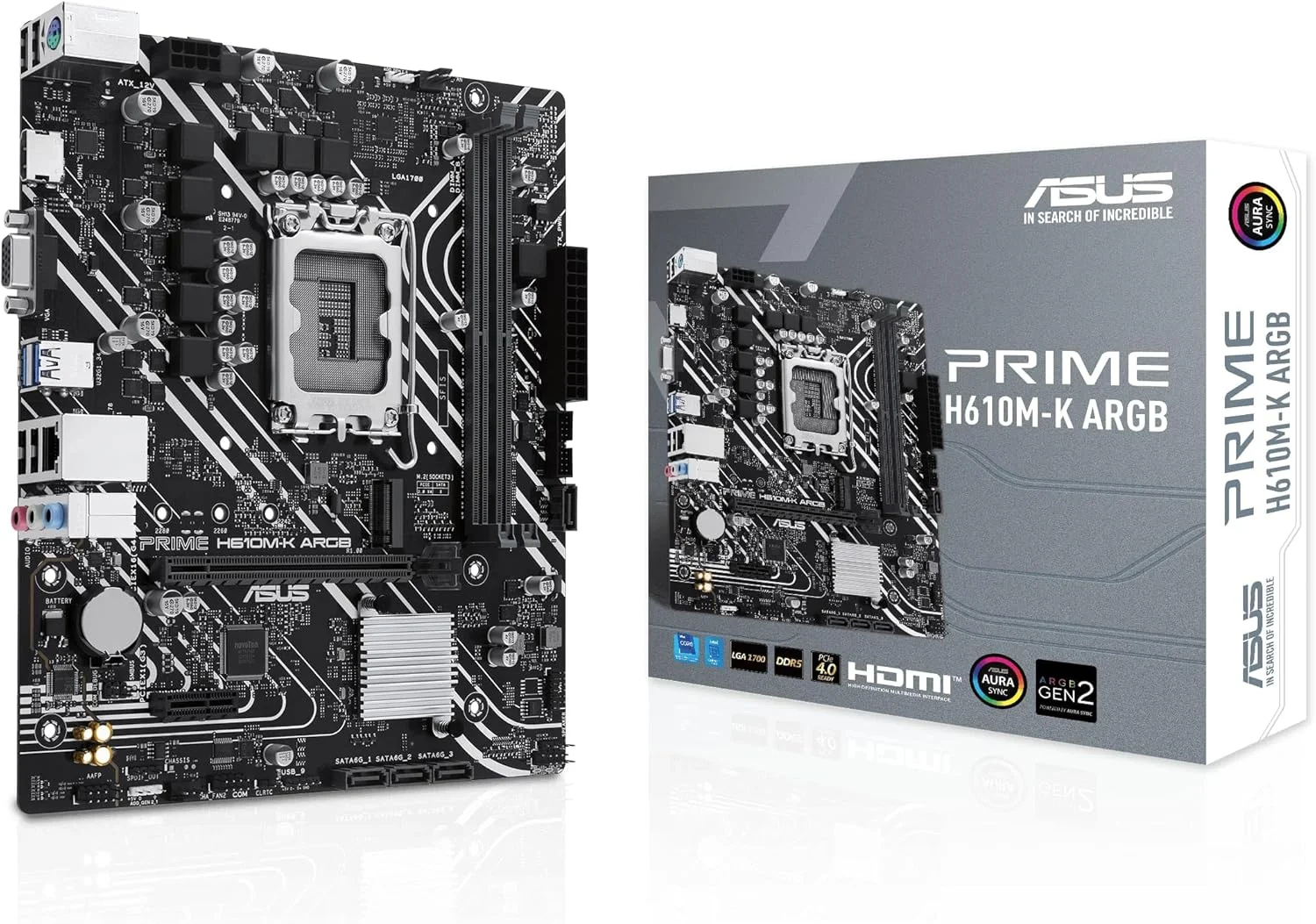 مادربرد ASUS PRIME H610M-K ARGB Intel (LGA 1700) Micro-ATX: DDR5، PCIe 4.0، اسلات M.2، اترنت Realtek 1 Gb، HDMI™، VGA، USB 3.2 Gen 1، SATA 6 Gbps، هدرهای Gen 2 آدرس پذیر - مشکی