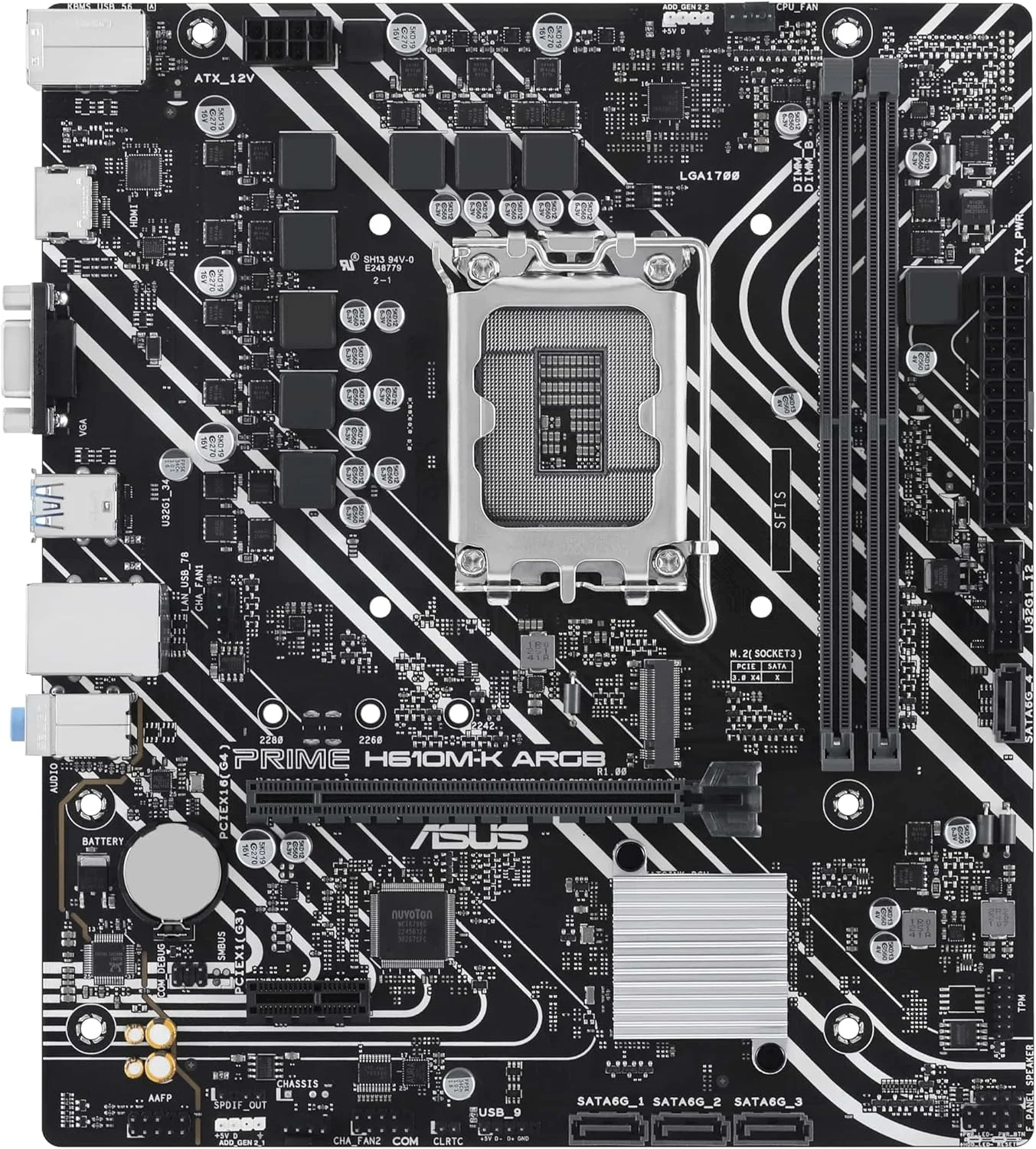 مادربرد ASUS PRIME H610M-K ARGB Intel (LGA 1700) Micro-ATX: DDR5، PCIe 4.0، اسلات M.2، اترنت Realtek 1 Gb، HDMI™، VGA، USB 3.2 Gen 1، SATA 6 Gbps، هدرهای Gen 2 آدرس پذیر - مشکی