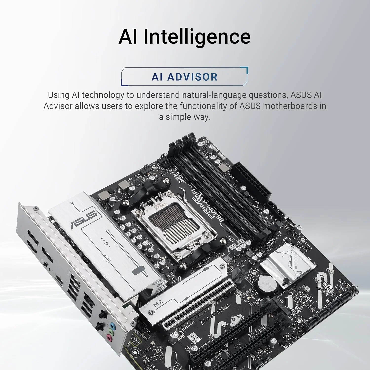 مادربرد ASUS PRIME B840M-A WIFI Micro-ATX: سوکت AM5، 4 اسلات DIMM DDR5، 1 عدد PCIe 4.0 x16، 2 عدد PCIe 3.0 x16، M.2، طراحی توان دیجیتال 8+2+1 فاز، Aura Sync - مشکی