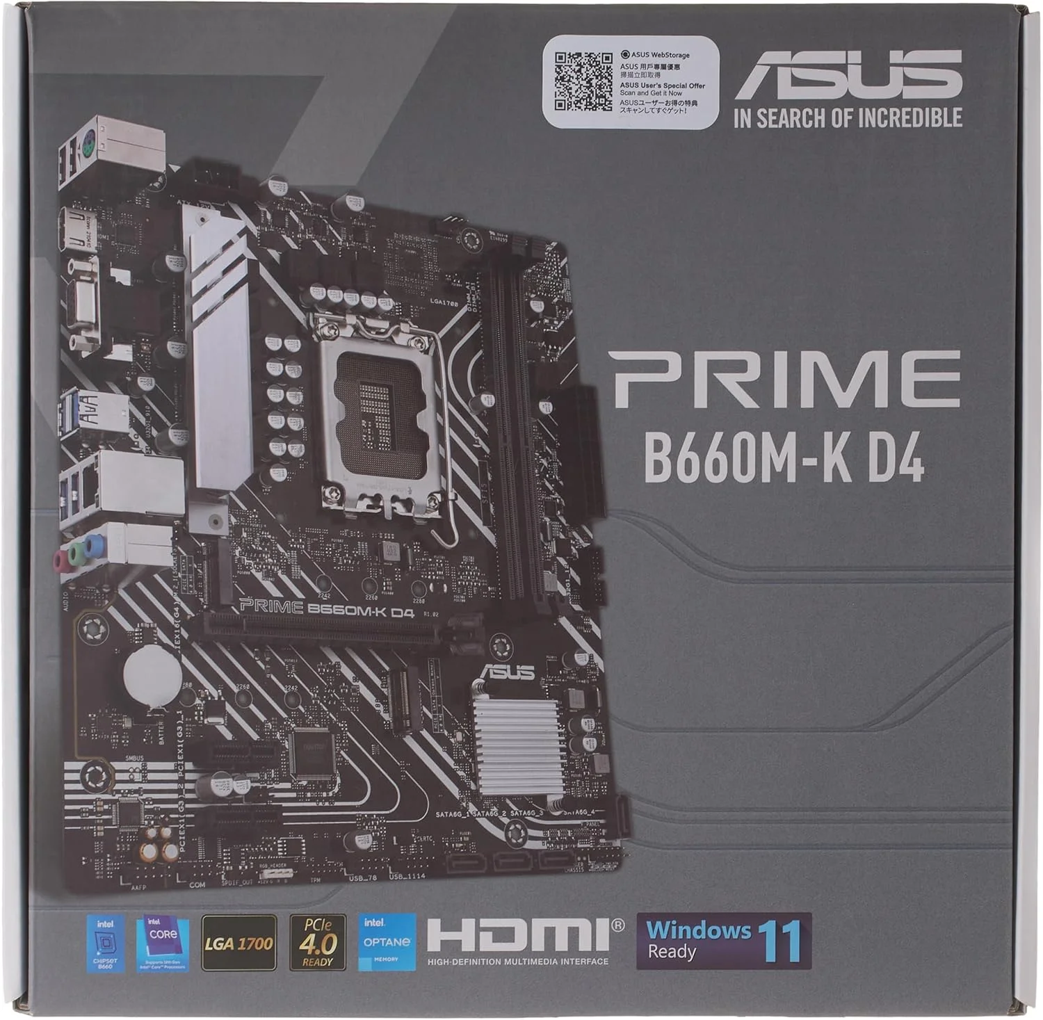 مادربرد ایسوس PRIME B660M-K D4 - Intel B660 (LGA 1700) mATX با PCIe 4.0، دو اسلات M.2، DDR4، HDMI®، D-Sub، Realtek 1Gb Ethernet، USB 3.2 Gen 1 در جلو، ASUS Lighting Control - مشکی