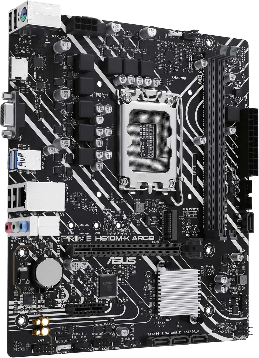 مادربرد ASUS PRIME H610M-K ARGB Intel (LGA 1700) Micro-ATX: DDR5، PCIe 4.0، اسلات M.2، اترنت Realtek 1 Gb، HDMI™، VGA، USB 3.2 Gen 1، SATA 6 Gbps، هدرهای Gen 2 آدرس پذیر - مشکی