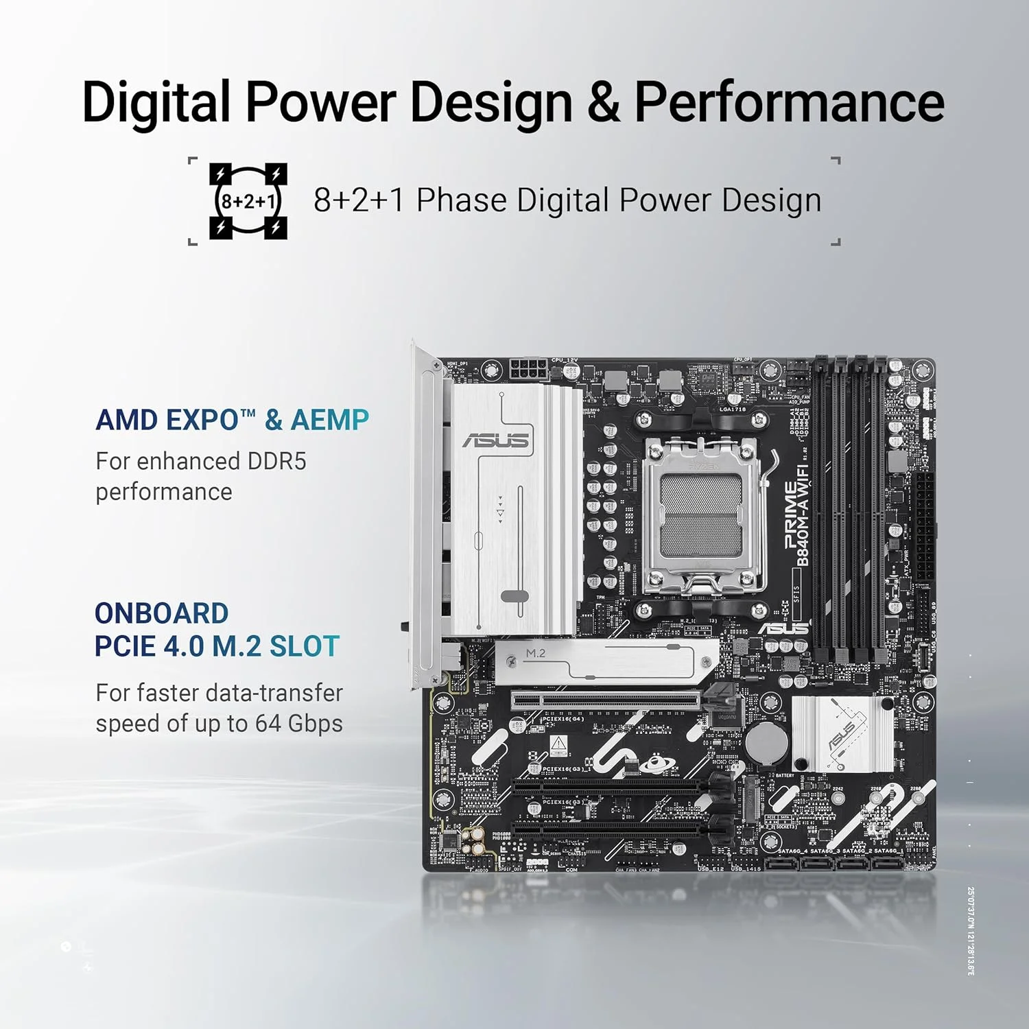 مادربرد ASUS PRIME B840M-A WIFI Micro-ATX: سوکت AM5، 4 اسلات DIMM DDR5، 1 عدد PCIe 4.0 x16، 2 عدد PCIe 3.0 x16، M.2، طراحی توان دیجیتال 8+2+1 فاز، Aura Sync - مشکی