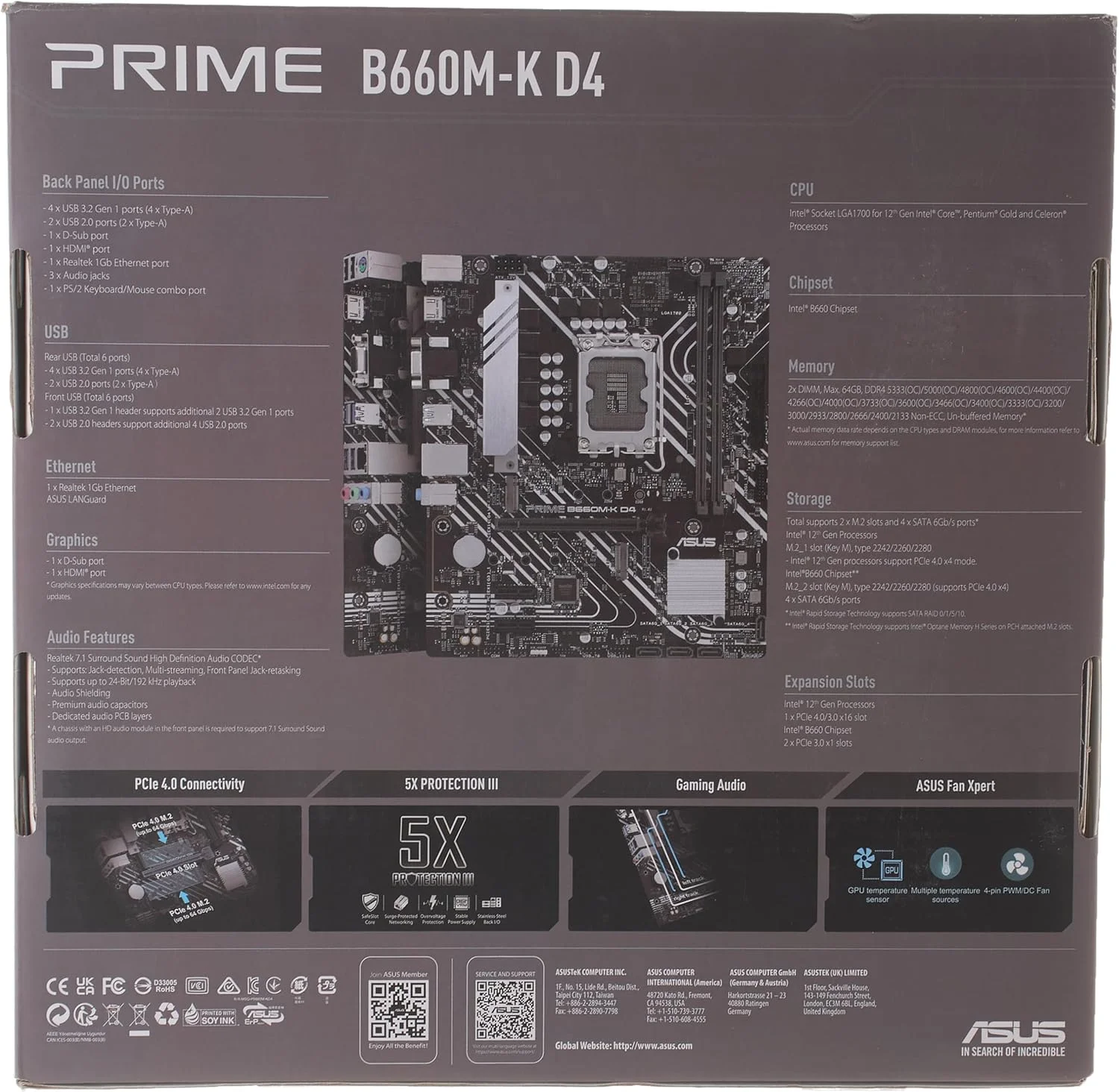 مادربرد ایسوس PRIME B660M-K D4 - Intel B660 (LGA 1700) mATX با PCIe 4.0، دو اسلات M.2، DDR4، HDMI®، D-Sub، Realtek 1Gb Ethernet، USB 3.2 Gen 1 در جلو، ASUS Lighting Control - مشکی