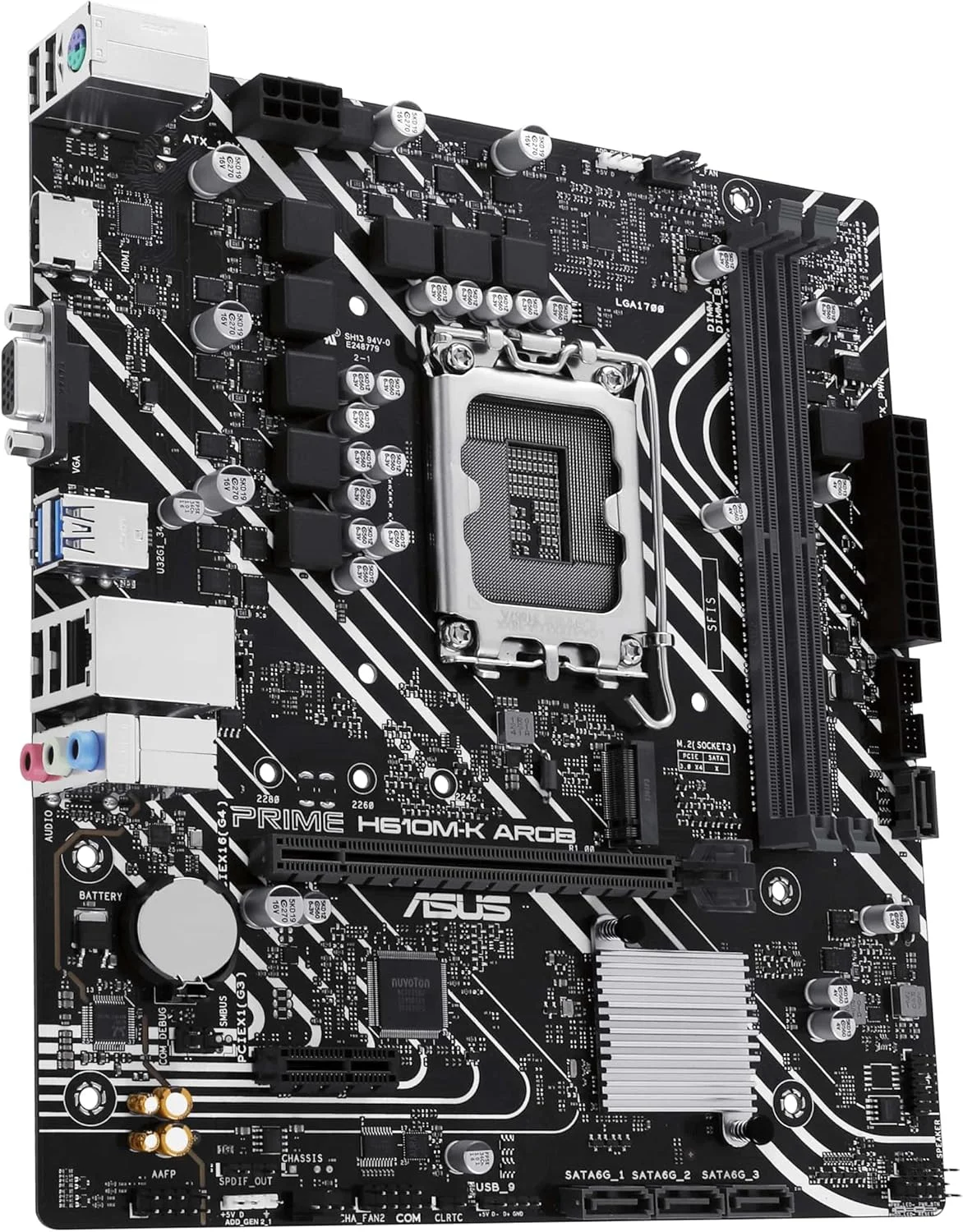 مادربرد ASUS PRIME H610M-K ARGB Intel (LGA 1700) Micro-ATX: DDR5، PCIe 4.0، اسلات M.2، اترنت Realtek 1 Gb، HDMI™، VGA، USB 3.2 Gen 1، SATA 6 Gbps، هدرهای Gen 2 آدرس پذیر - مشکی