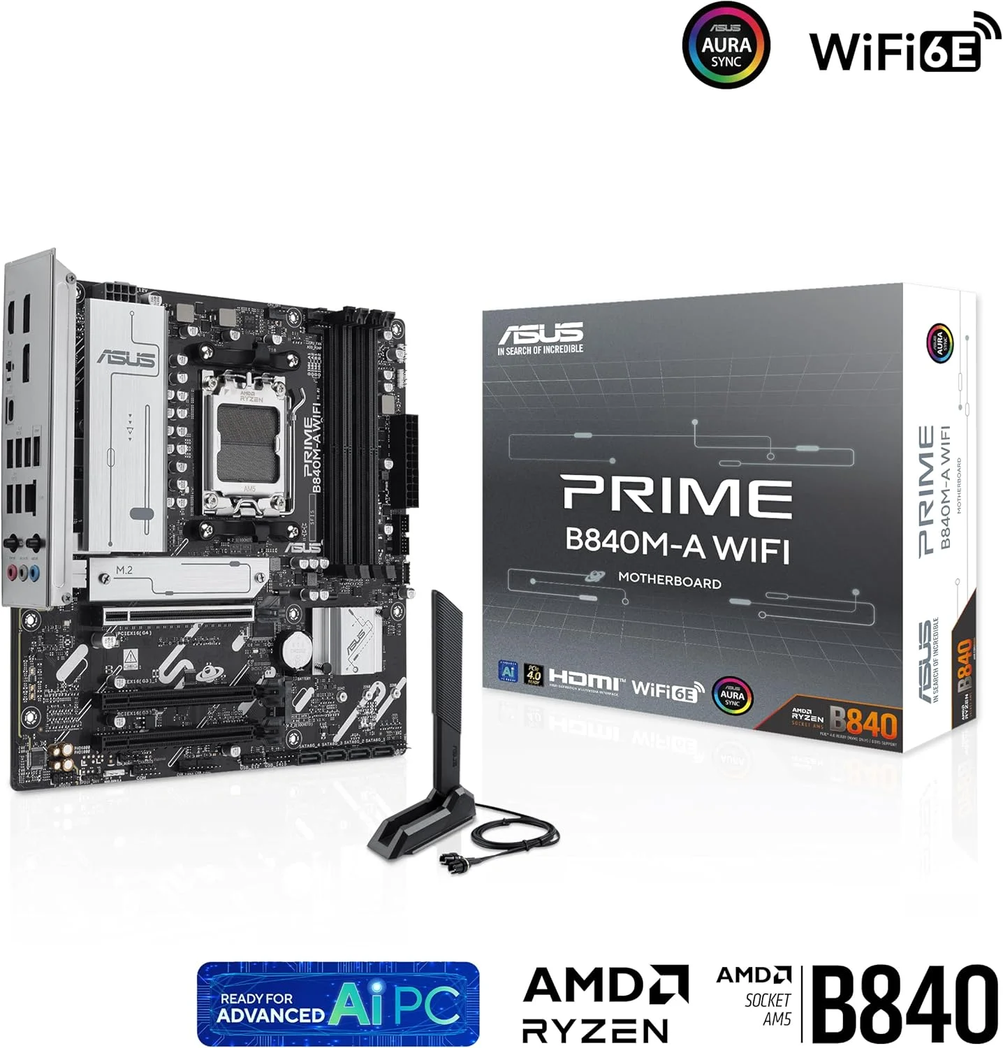 مادربرد ASUS PRIME B840M-A WIFI Micro-ATX: سوکت AM5، 4 اسلات DIMM DDR5، 1 عدد PCIe 4.0 x16، 2 عدد PCIe 3.0 x16، M.2، طراحی توان دیجیتال 8+2+1 فاز، Aura Sync - مشکی