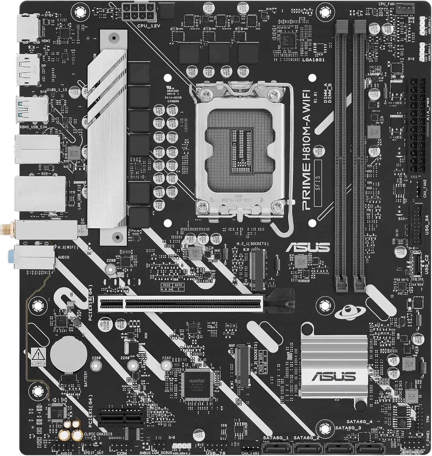 مادربرد ASUS PRIME H810M-A WIFI Micro-ATX: LGA1851 Series 2، 1 عدد PCIe 4.0 x16، طراحی قدرت دیجیتال 6+1+1+1 فاز، 2 عدد اسلات DIMM DDR5 با پشتیبانی از کانال دوگانه، SafeSlot Core+ - مشکی