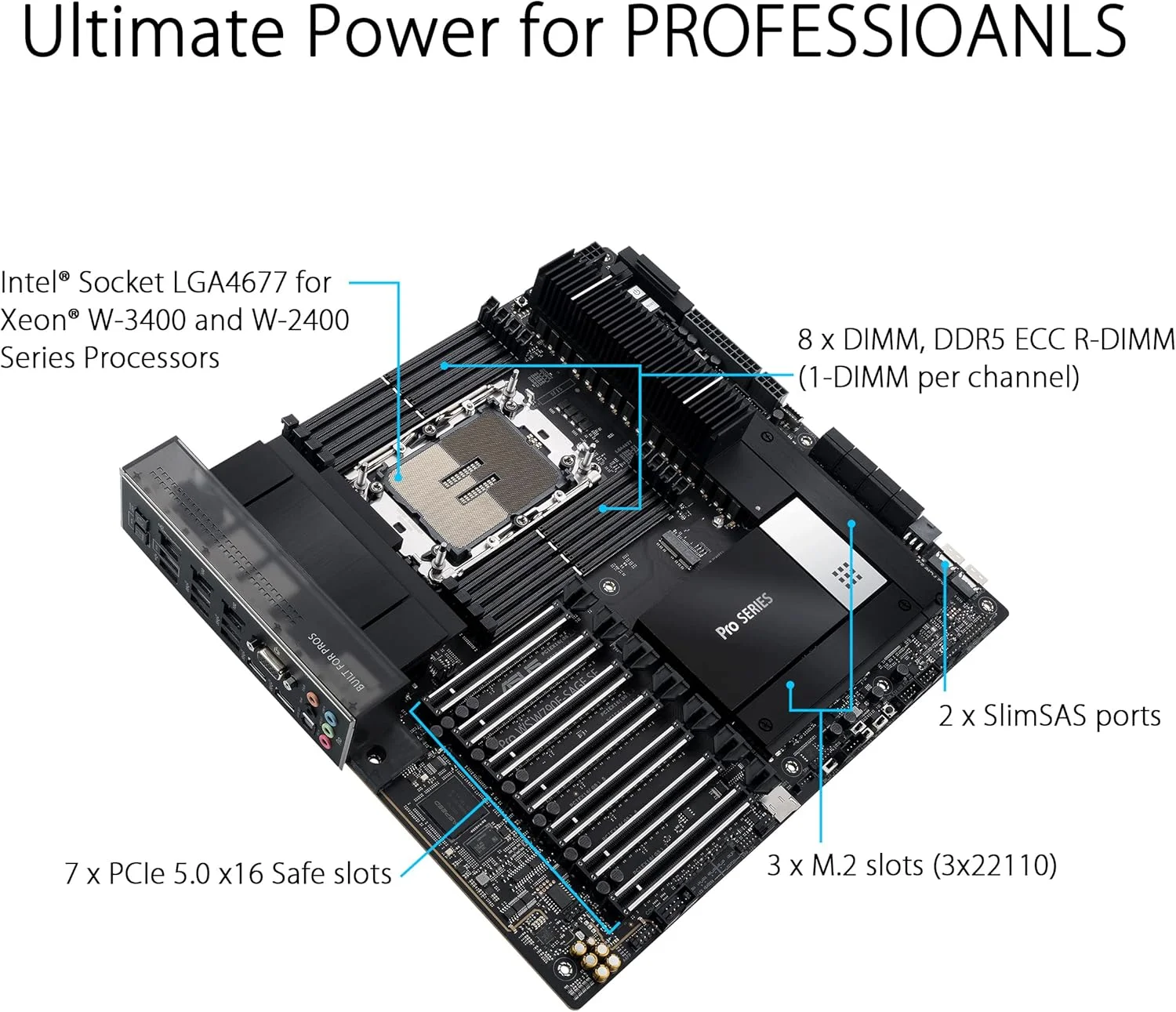 مادربرد ایسوس Pro WS W790 SAGE SE Intel LGA 4677 CEB، PCIe 5.0، 7 اسلات PCIe 5.0 x16، DDR5 R-DIMM، 2x10G BMC LAN، مدیریت از راه دور درجه سرور LAN، USB 3.2 Gen 2x2 Type-C® جلو و عقب، ACCE