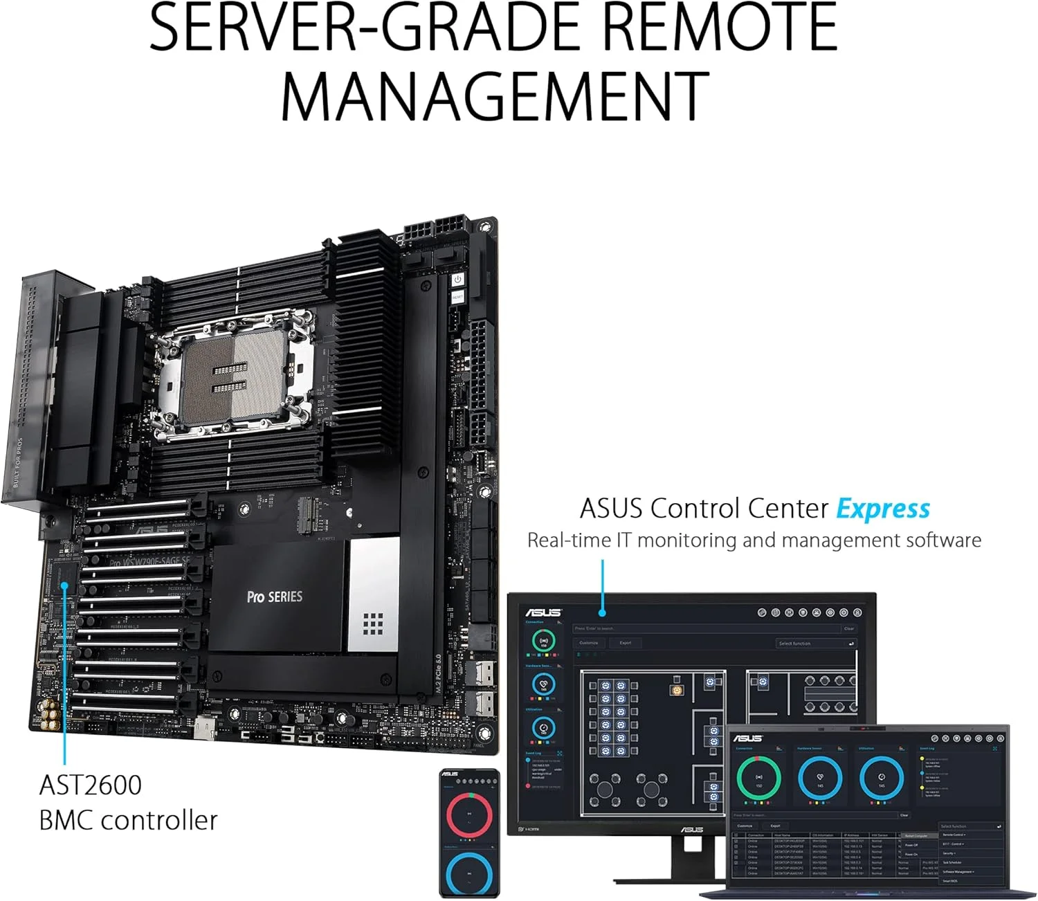 مادربرد ایسوس Pro WS W790 SAGE SE Intel LGA 4677 CEB، PCIe 5.0، 7 اسلات PCIe 5.0 x16، DDR5 R-DIMM، 2x10G BMC LAN، مدیریت از راه دور درجه سرور LAN، USB 3.2 Gen 2x2 Type-C® جلو و عقب، ACCE