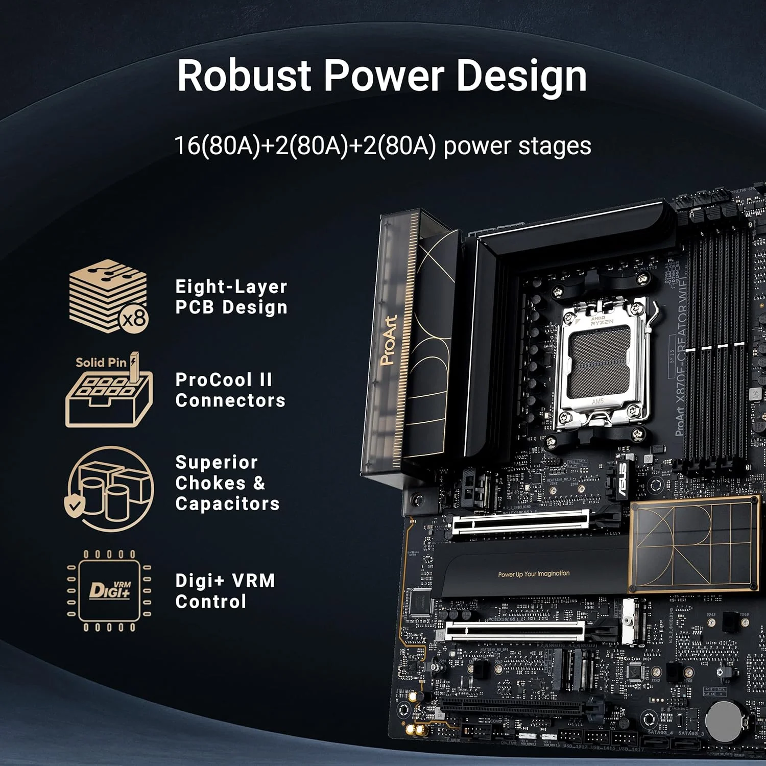 مادربرد ASUS ProArt X870E-CREATOR WIFI، AMD X870E ATX، اسلات PCIe 5.0 x16، نسل بعدی GPU، مراحل قدرت 16+2+2، DDR5، USB4 دوگانه، LAN 10 گیگابیتی و 2.5 گیگابیتی، WiFi 7، 4 اسلات M.2