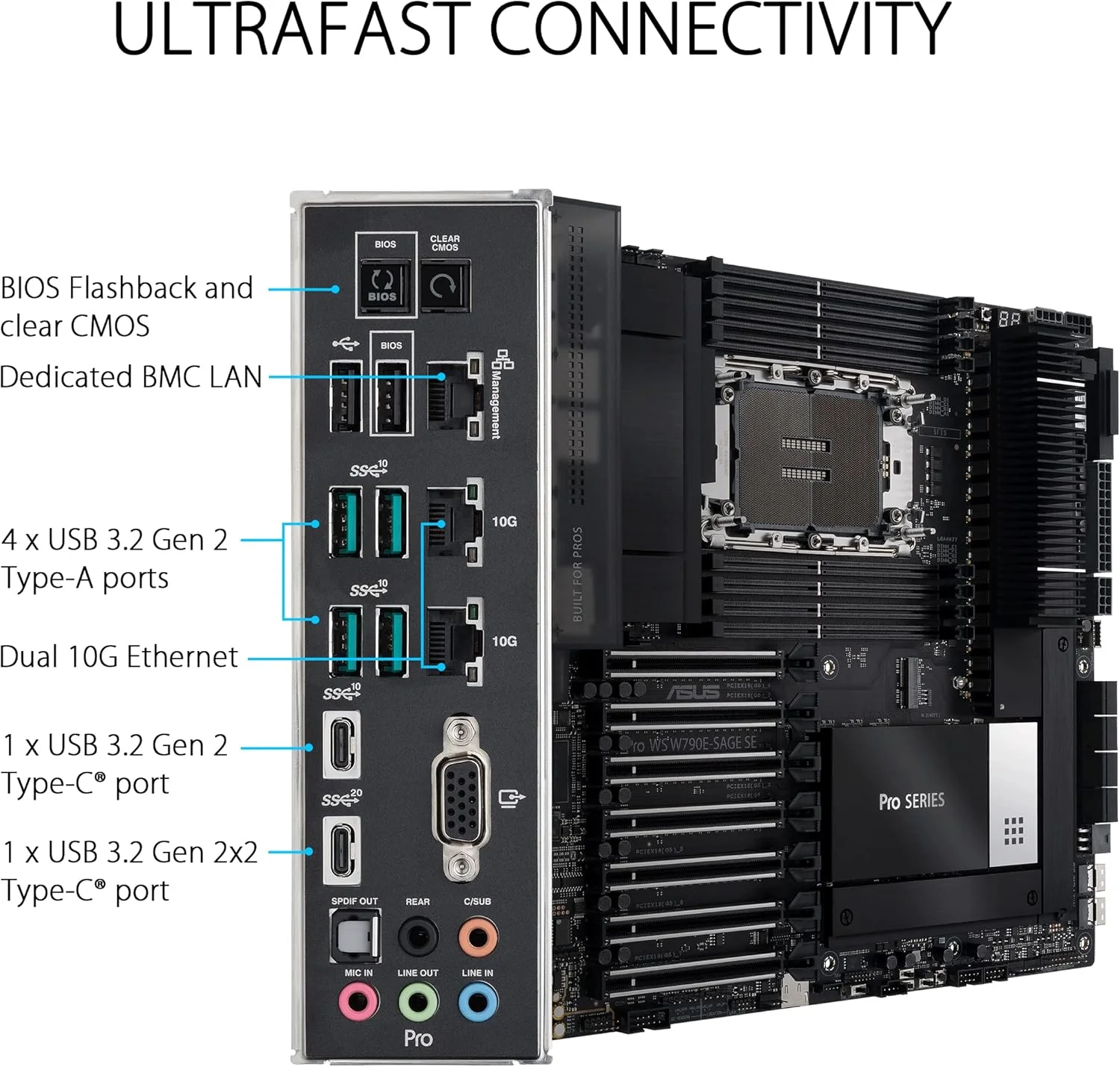 مادربرد ایسوس Pro WS W790 SAGE SE Intel LGA 4677 CEB، PCIe 5.0، 7 اسلات PCIe 5.0 x16، DDR5 R-DIMM، 2x10G BMC LAN، مدیریت از راه دور درجه سرور LAN، USB 3.2 Gen 2x2 Type-C® جلو و عقب، ACCE