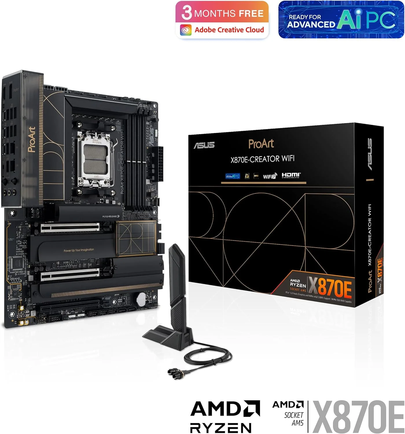 مادربرد ASUS ProArt X870E-CREATOR WIFI، AMD X870E ATX، اسلات PCIe 5.0 x16، نسل بعدی GPU، مراحل قدرت 16+2+2، DDR5، USB4 دوگانه، LAN 10 گیگابیتی و 2.5 گیگابیتی، WiFi 7، 4 اسلات M.2