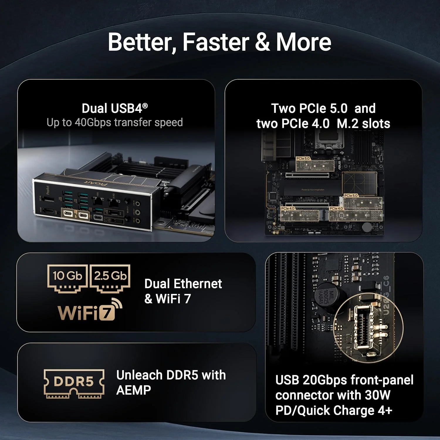 مادربرد ASUS ProArt X870E-CREATOR WiFi AMD AM5 X870E ATX با اسلات های PCIe® 5.0 x16 با پشتیبانی کامل از کارت گرافیک های نسل بعدی، 16+2+2 فاز قدرت، DDR5، دو پورت USB4®، LAN 10 گیگابیتی و 2.5 گیگابیتی، WiFi 7، چهار اسلات M.2