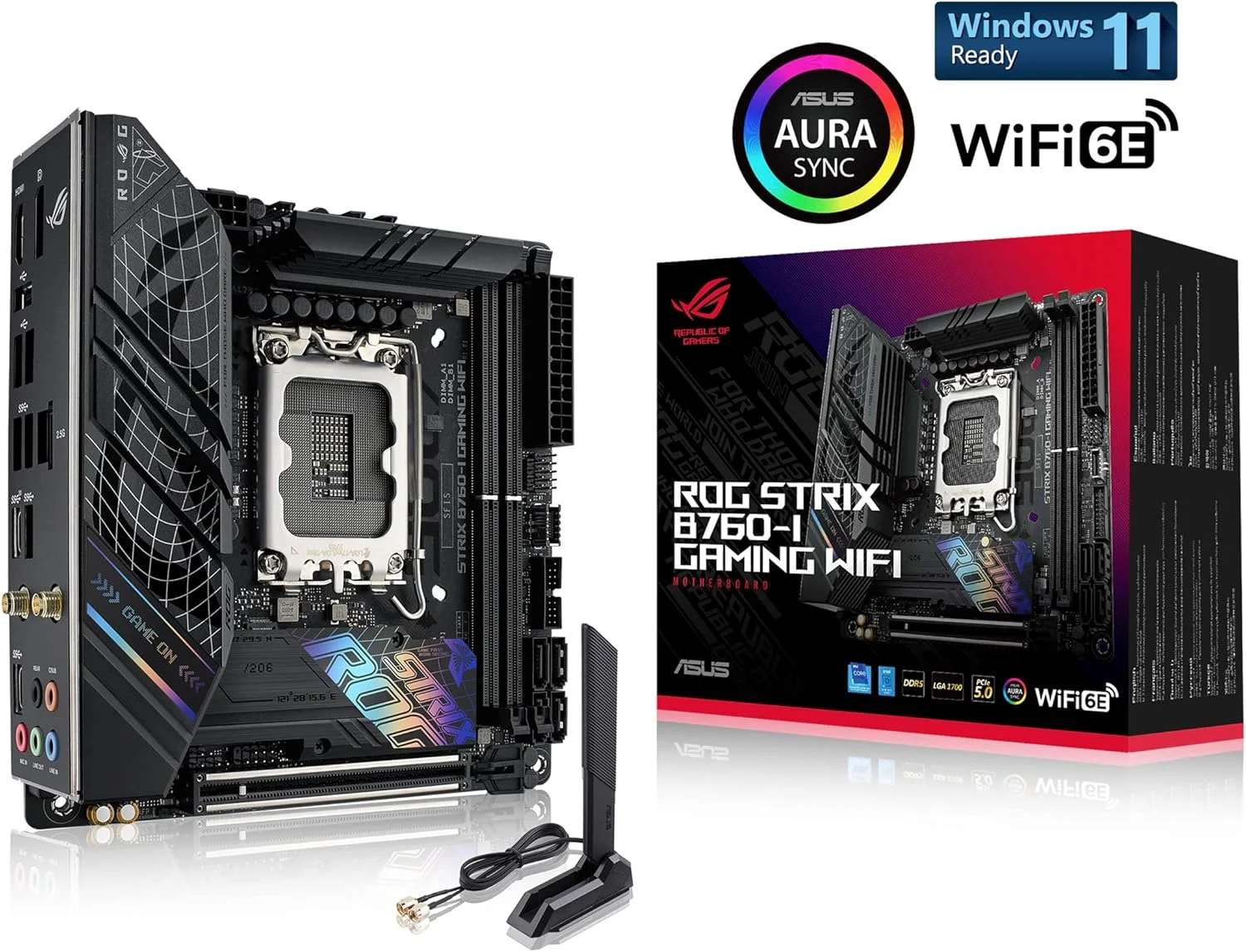 مادربرد ASUS ROG Strix B760-I Gaming WiFi Intel® B760 (نسل سیزدهم و دوازدهم) LGA 1700 mini-ITX، دارای 8 + 1 فاز قدرت، DDR5 تا 7600 MT/s، PCIe 5.0، 2 اسلات M.2، WiFi 6E، USB 3.2 Gen 2x2 Type-C و Aura Sync RGB