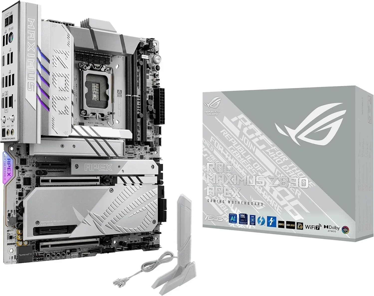 مادربرد ایسوس ROG MAXIMUS Z890 APEX Intel® Z890 LGA 1851 ATX، آماده برای هوش مصنوعی پیشرفته، 22+2+1+2 فاز، DDR5، WiFi 7، شبکه 5G، 3x PCIe® 5.0 M.2، Thunderbolt™ 4، USB Type-C®، اورکلاک هوش مصنوعی، خنک کننده و شبکه