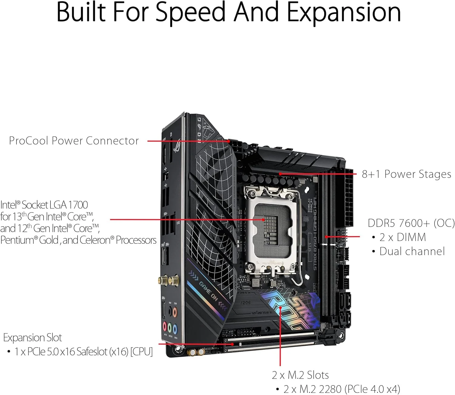 مادربرد ASUS ROG Strix B760-I Gaming WiFi Intel® B760 (نسل سیزدهم و دوازدهم) LGA 1700 mini-ITX، دارای 8 + 1 فاز قدرت، DDR5 تا 7600 MT/s، PCIe 5.0، 2 اسلات M.2، WiFi 6E، USB 3.2 Gen 2x2 Type-C و Aura Sync RGB