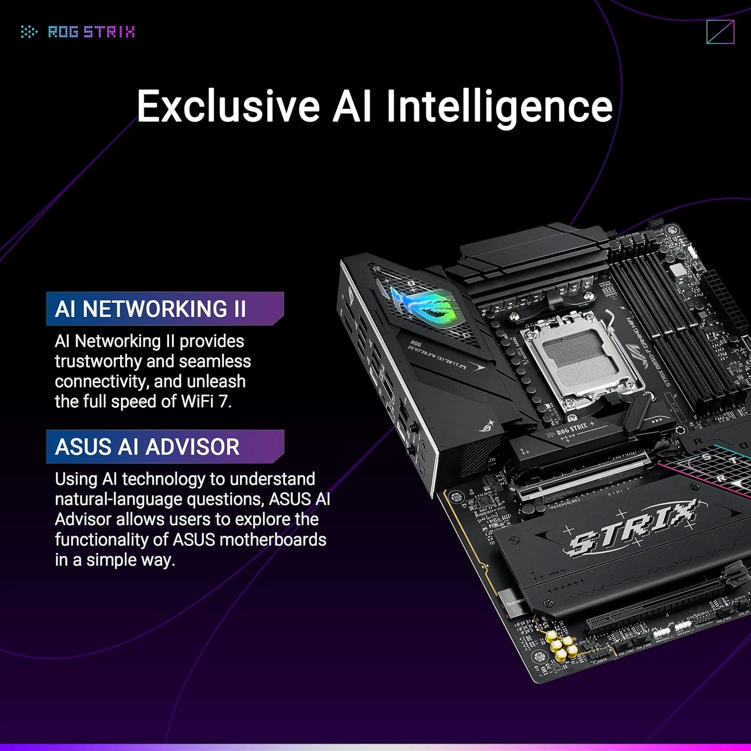 مادربرد ایسوس ROG Strix B850-F Gaming WiFi AMD AM5 B850-F ATX با 16+2+2 فاز قدرت، هوش مصنوعی کامپیوتر، DDR5 AEMP، WiFi 7، 4X M.2، PCIe® 5.0، پشتیبانی کامل از 19 پورت USB، Type-C® 20Gbps، شبکه هوش مصنوعی II، Aura Sync