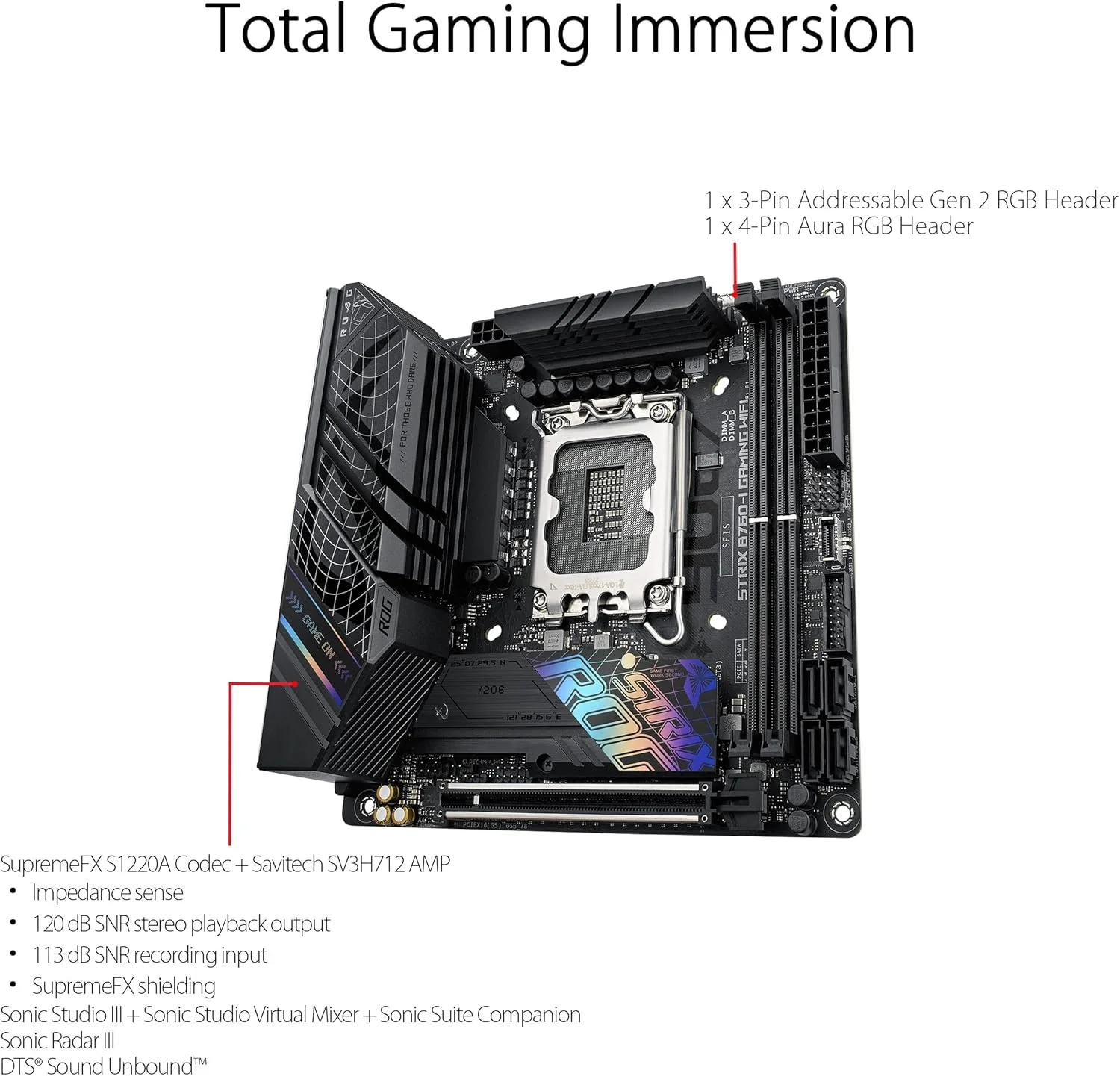 مادربرد ASUS ROG Strix B760-I Gaming WiFi Intel® B760 (نسل سیزدهم و دوازدهم) LGA 1700 mini-ITX، دارای 8 + 1 فاز قدرت، DDR5 تا 7600 MT/s، PCIe 5.0، 2 اسلات M.2، WiFi 6E، USB 3.2 Gen 2x2 Type-C و Aura Sync RGB